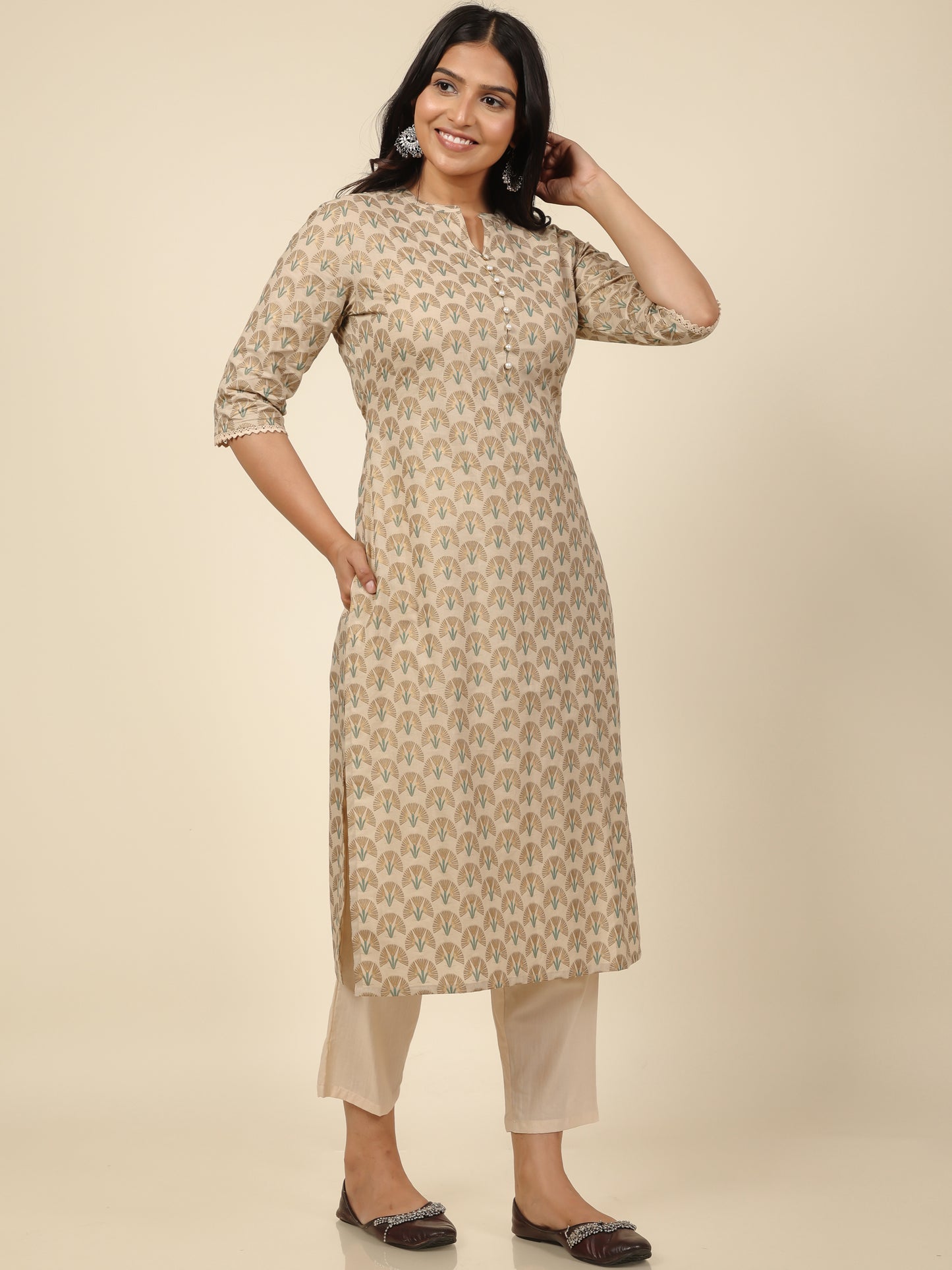Women's Cotton Off White Straight Kurta Set