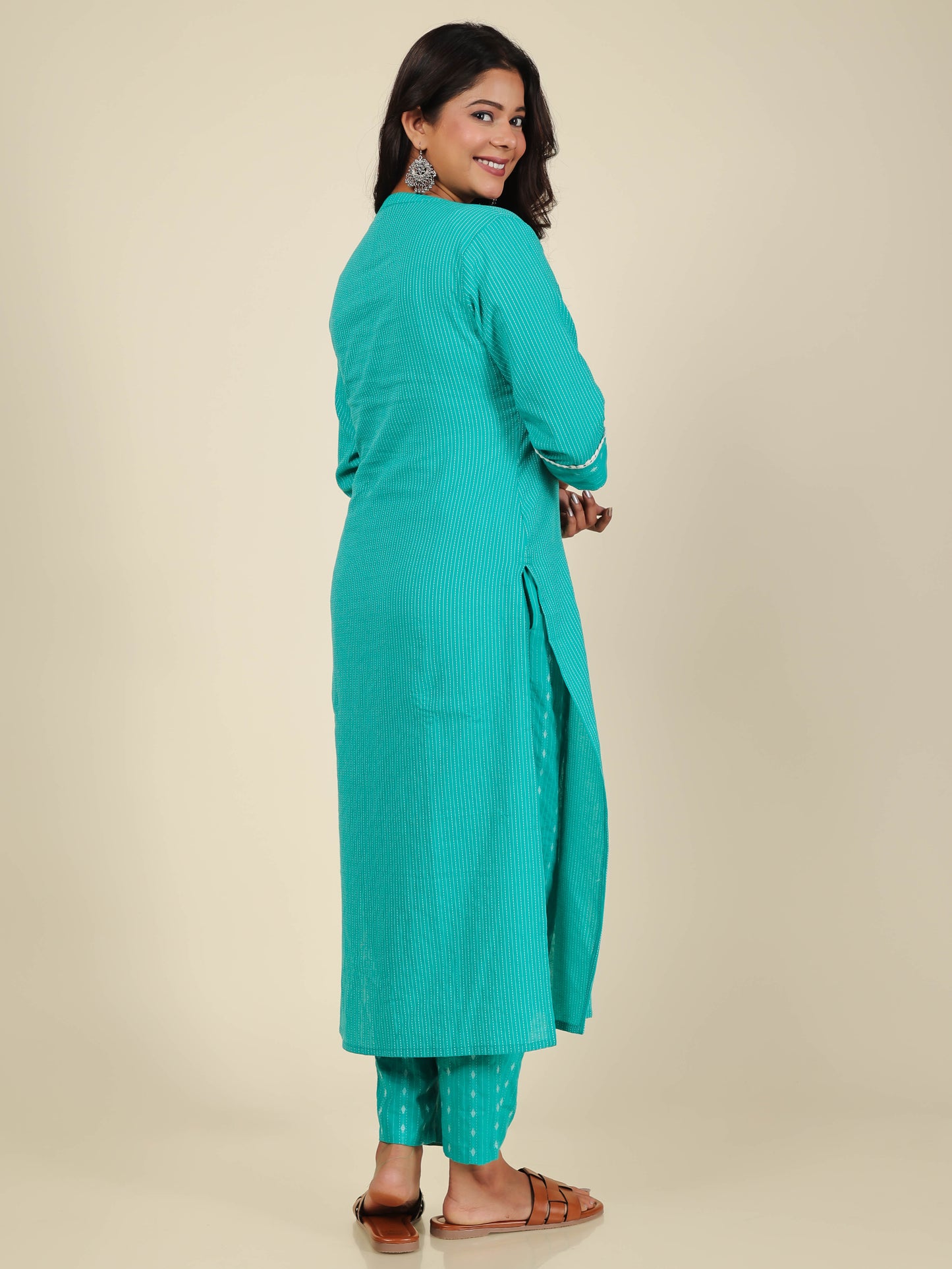 Women's Cotton Turquoise Straight Kurta Set