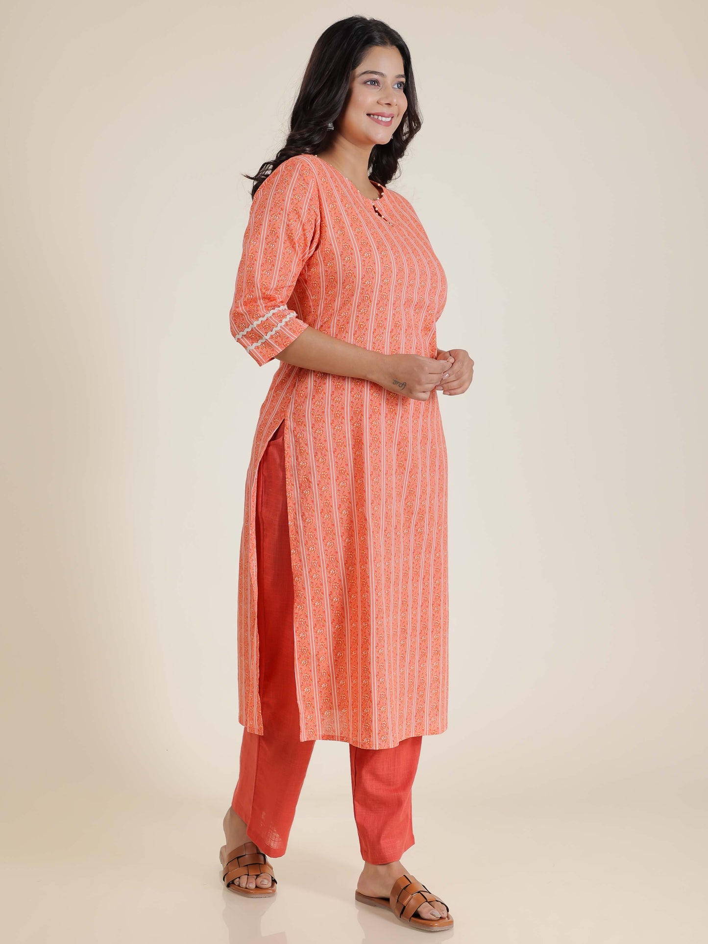 Women's Cotton Orange Straight Kurta Set