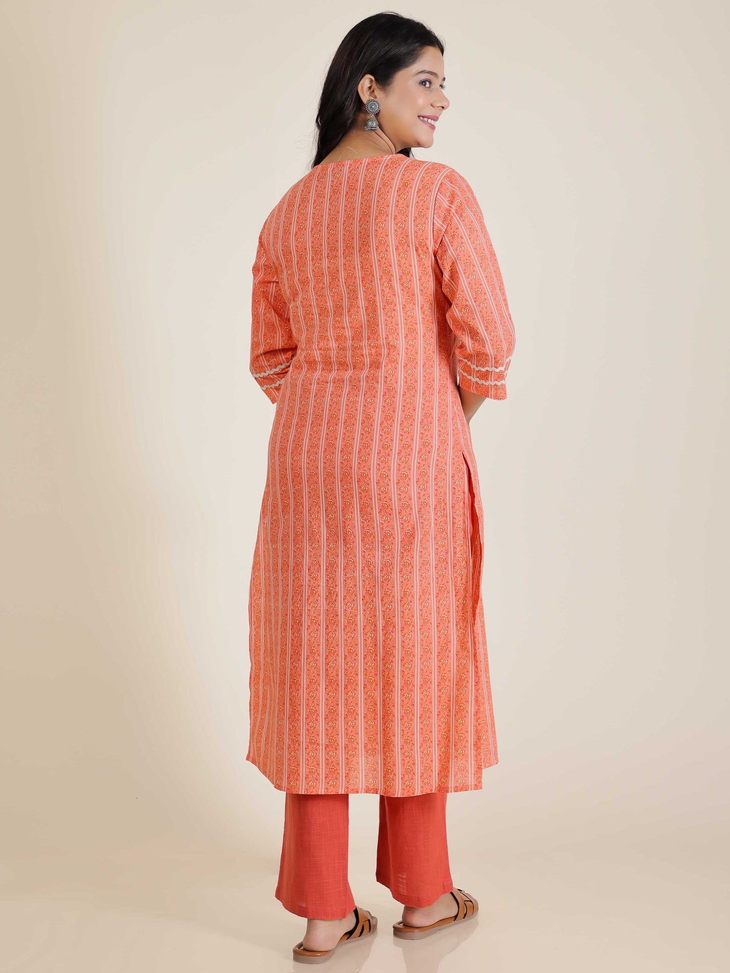 Women's Cotton Orange Straight Kurta Set