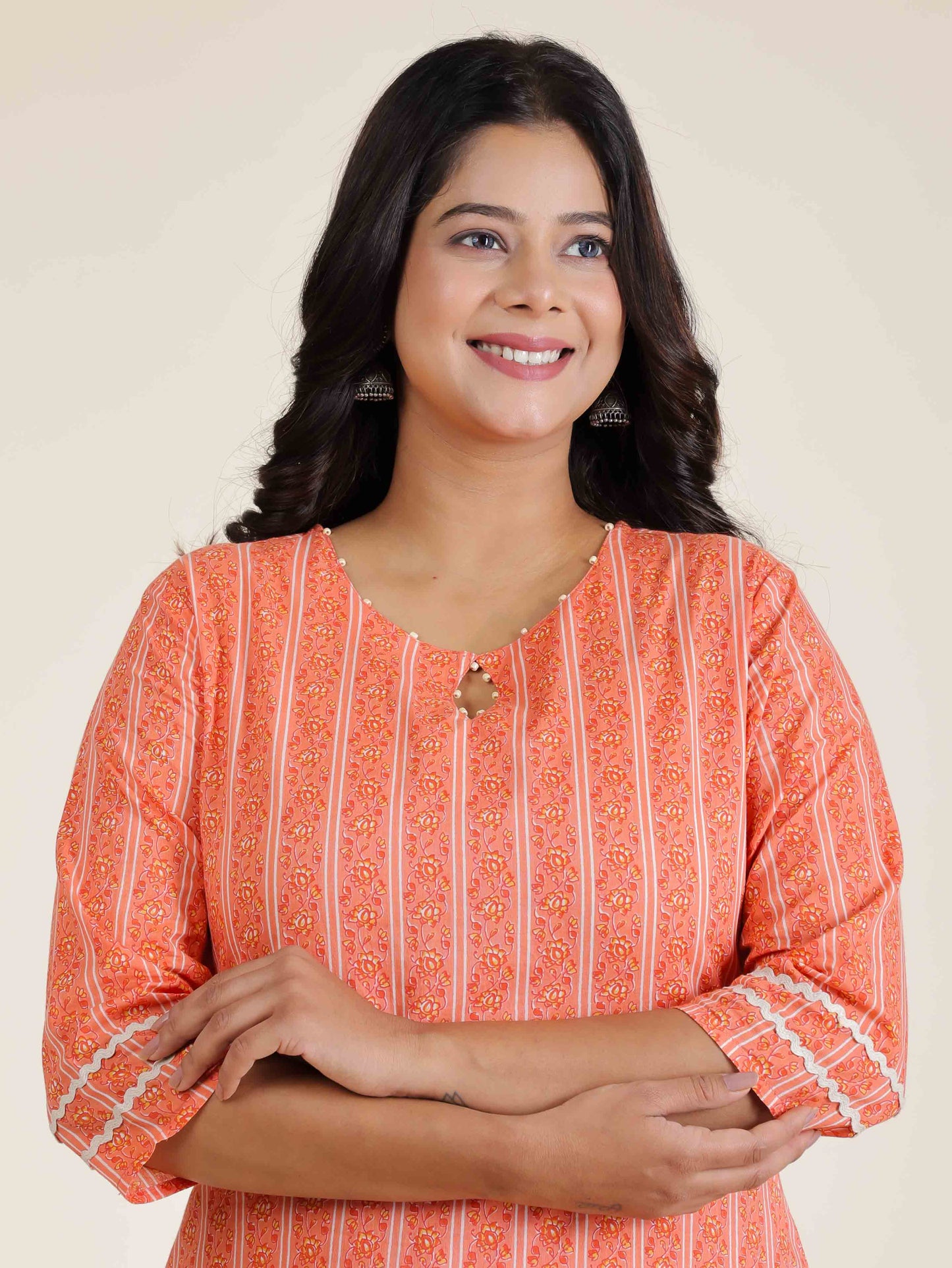Women's Cotton Orange Straight Kurta Set
