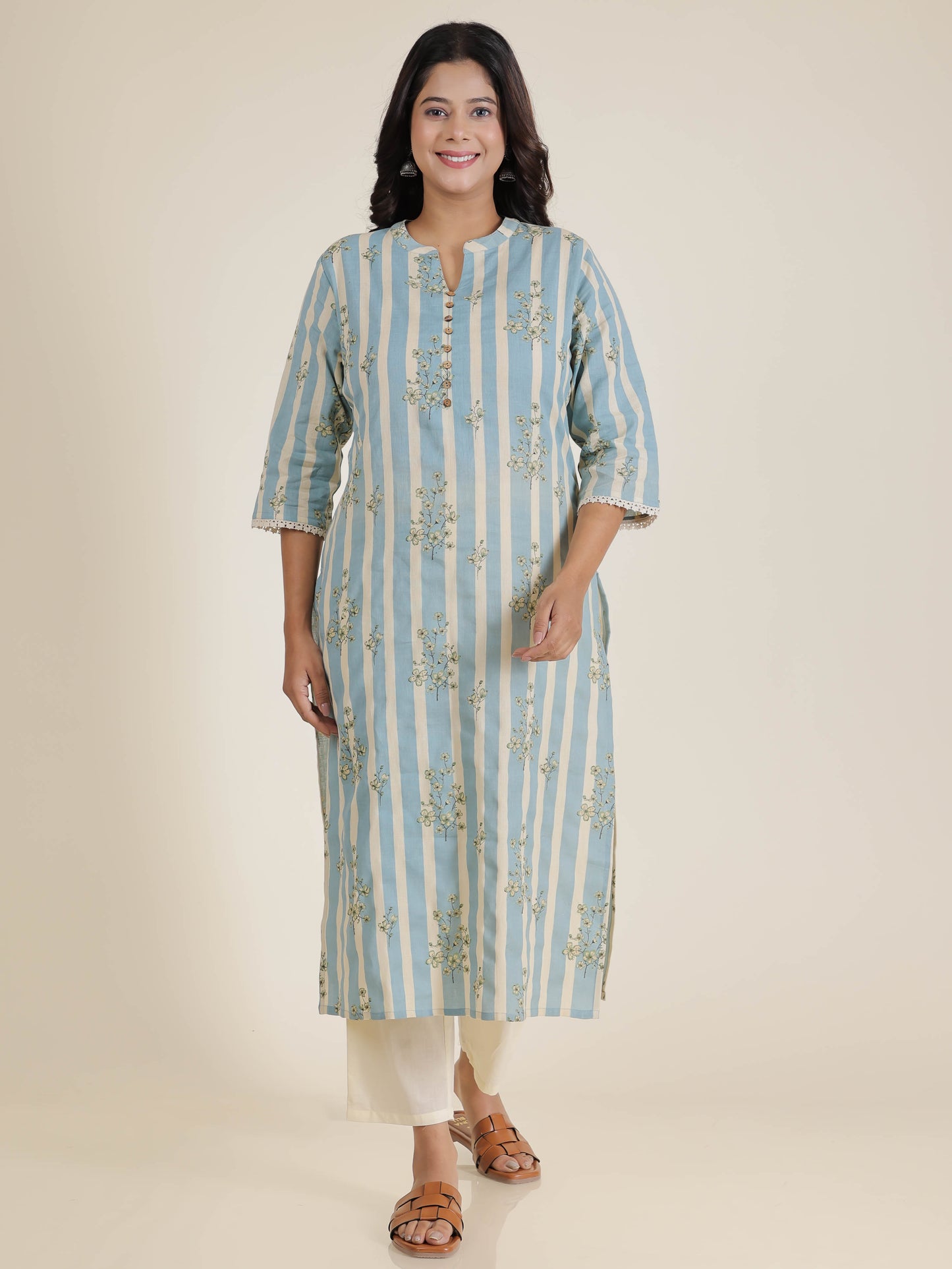 Women's Linen Blue Straight Kurta Set