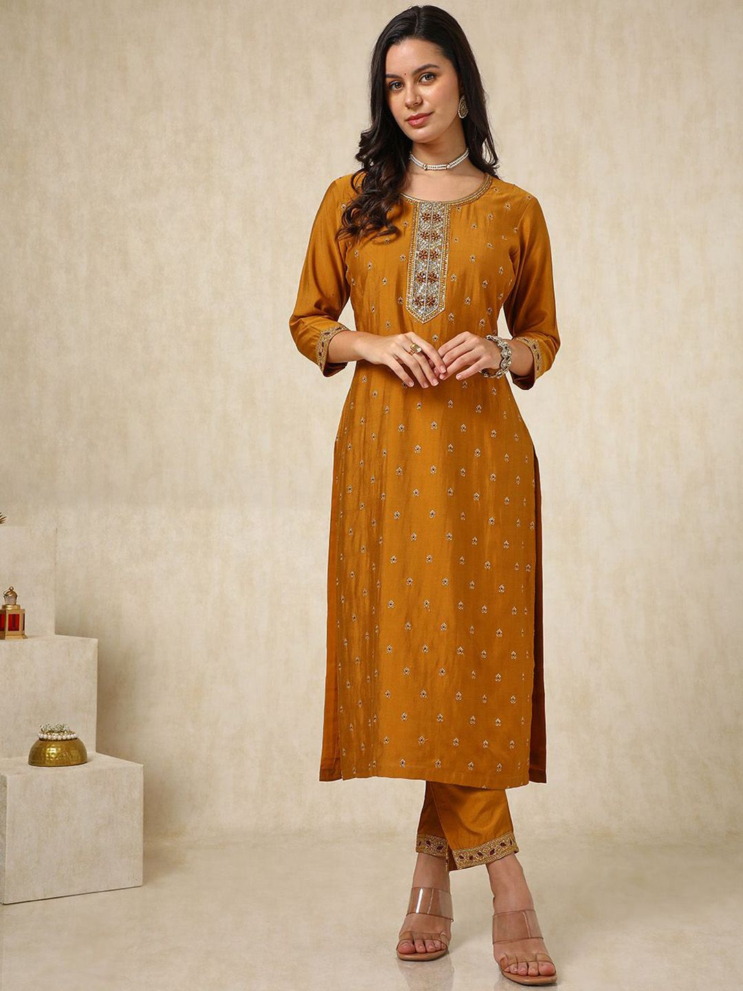Dhiyona SO Women's Ethnic Motifs Embroidered Mirror Work Straight Kurta with Trousers & Dupatta