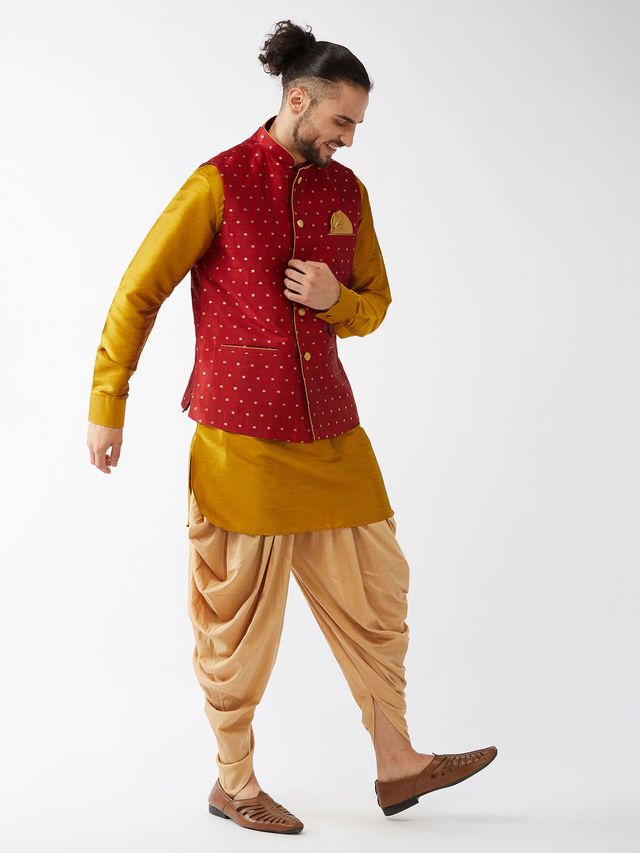 Men's Mustard Silk Blend Straight Jacket Kurta and Dhoti Set