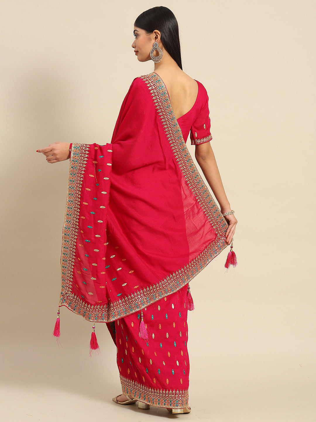 Women's Silk Blend Pink Embellished Designer Saree With Blouse Piece