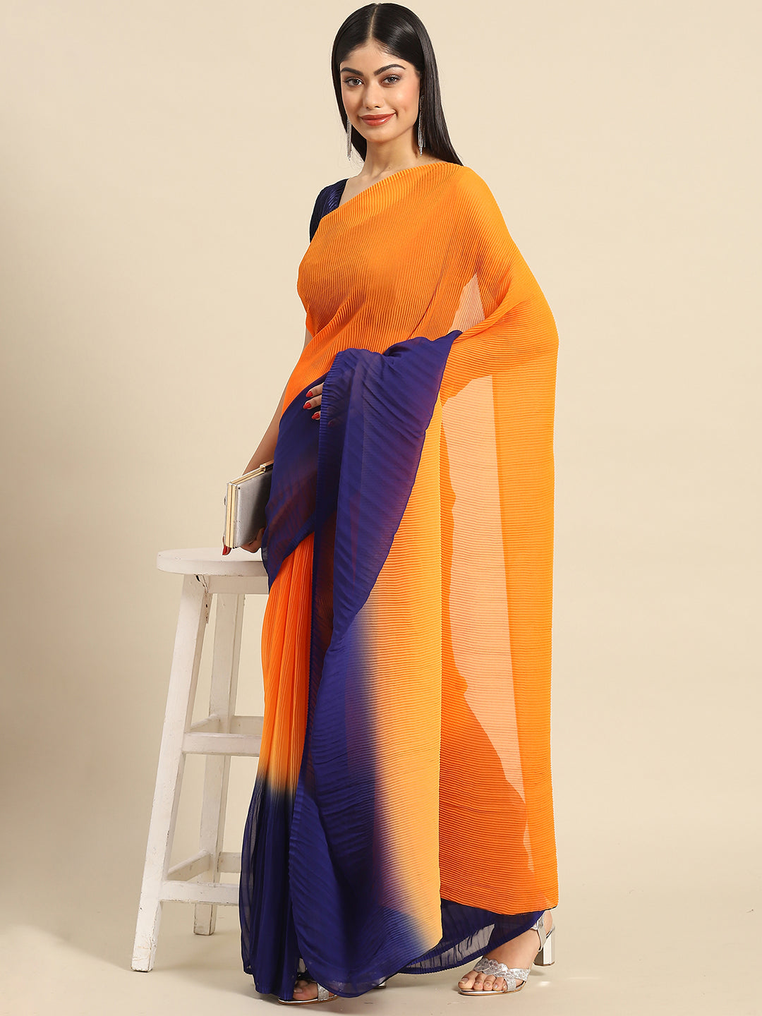 Women's Pure Crepe Orange Solid Designer Saree With Blouse Piece