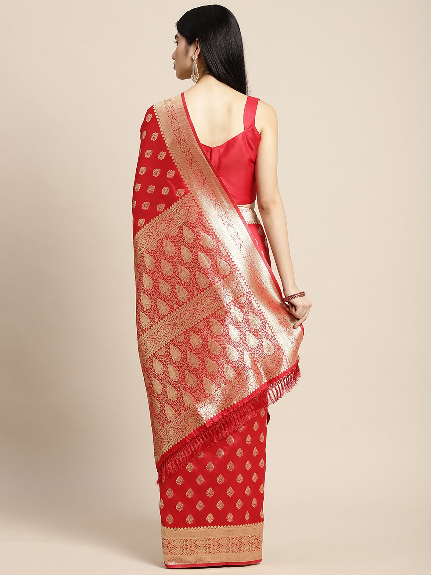 Women's Silk Blend Red Woven Design Woven saree With Blouse Piece