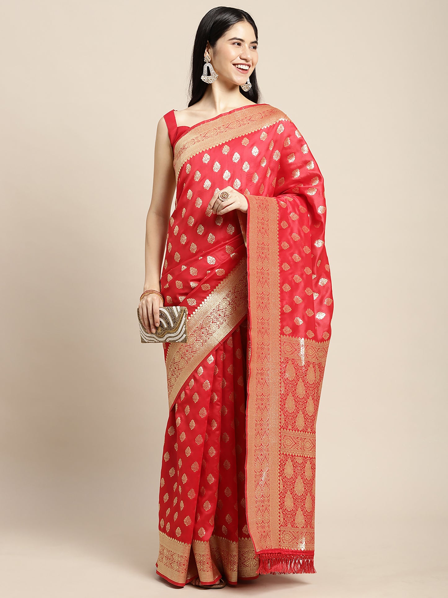 Women's Silk Blend Red Woven Design Woven saree With Blouse Piece