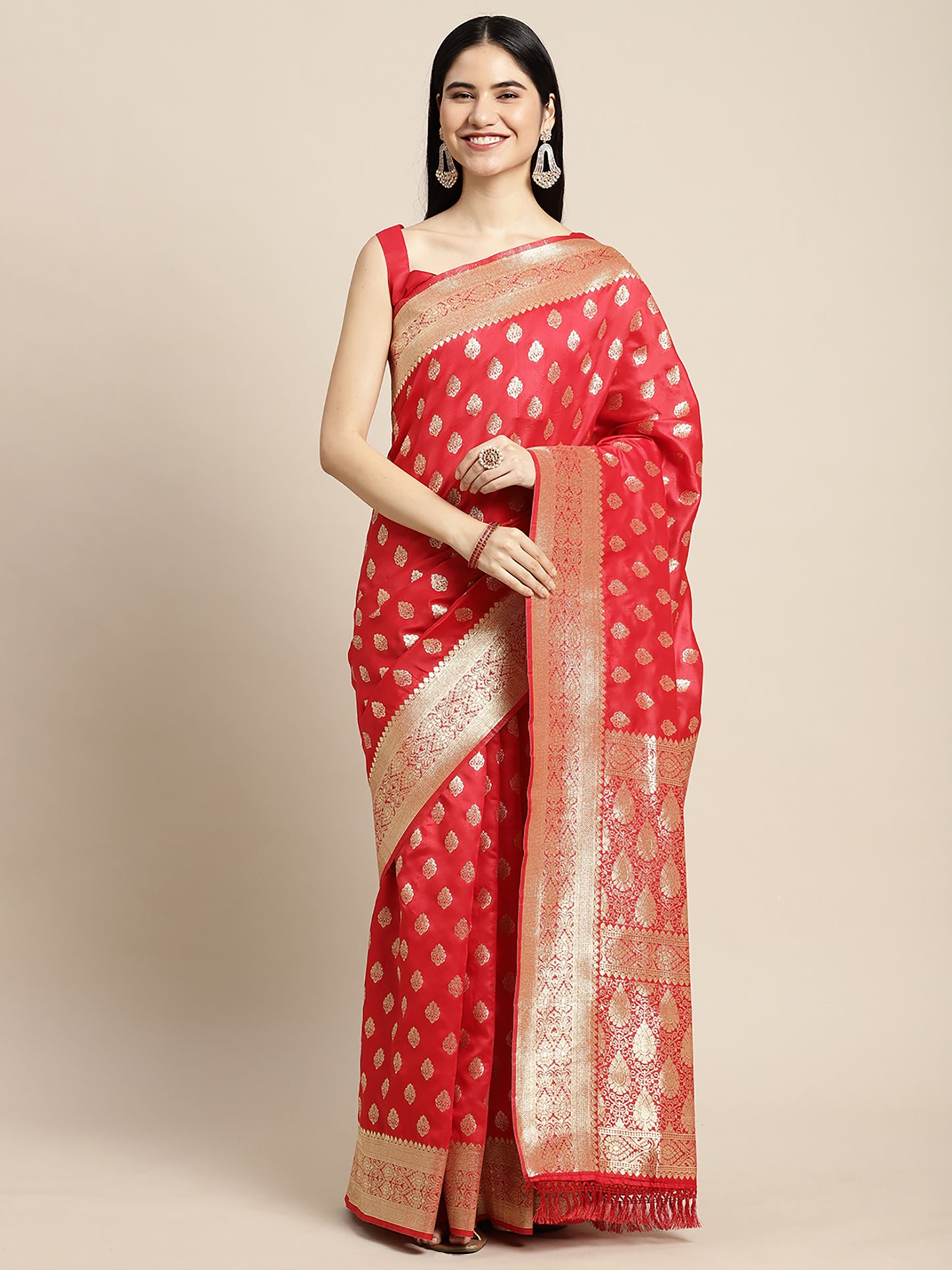 Women's Silk Blend Red Woven Design Woven saree With Blouse Piece