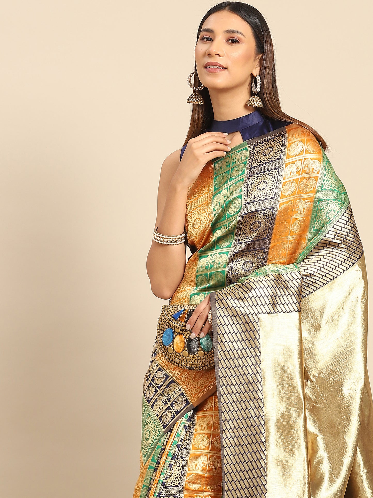 Women's Silk Blend Multicolored Woven Design Designer Saree With Blouse Piece