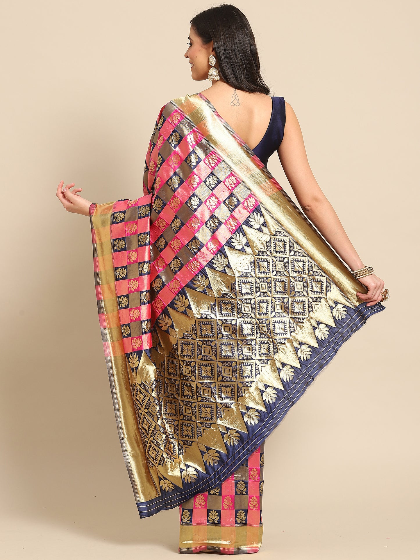 Women's Silk Blend Navy Blue Woven Design Designer Saree With Blouse Piece