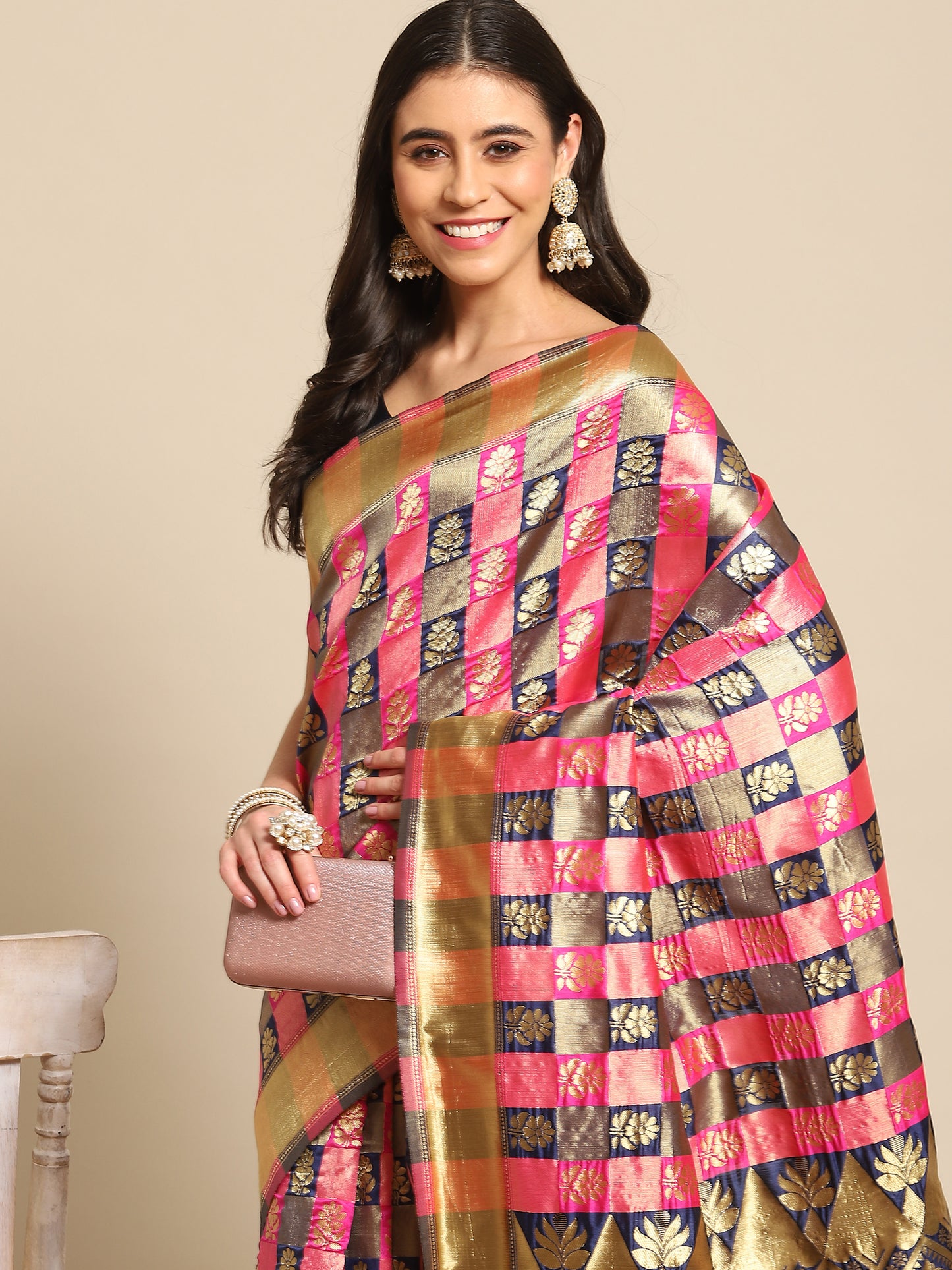Women's Silk Blend Navy Blue Woven Design Designer Saree With Blouse Piece