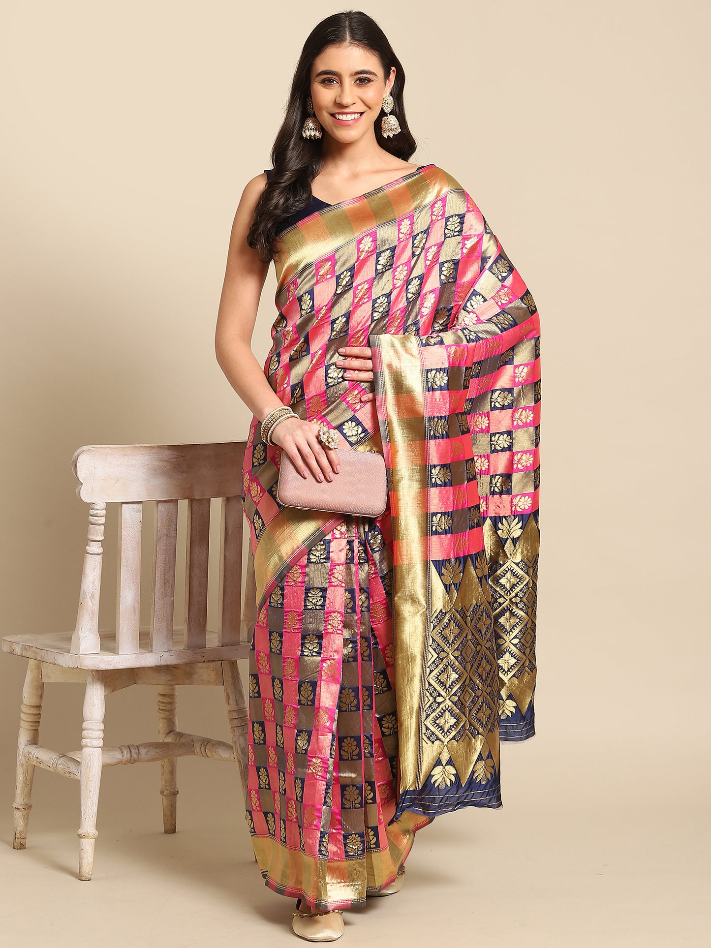 Women's Silk Blend Navy Blue Woven Design Designer Saree With Blouse Piece