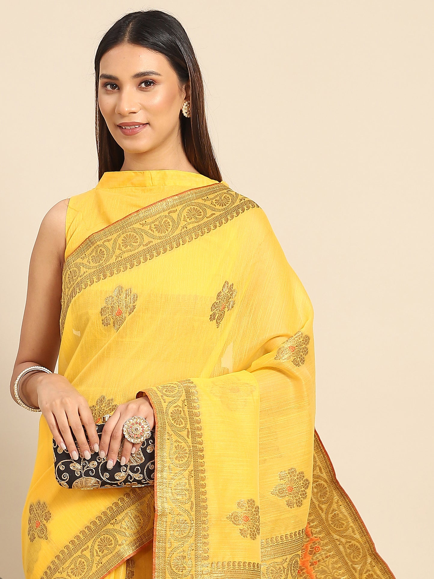 Women's Silk Blend Yellow Woven Design Designer Saree With Blouse Piece
