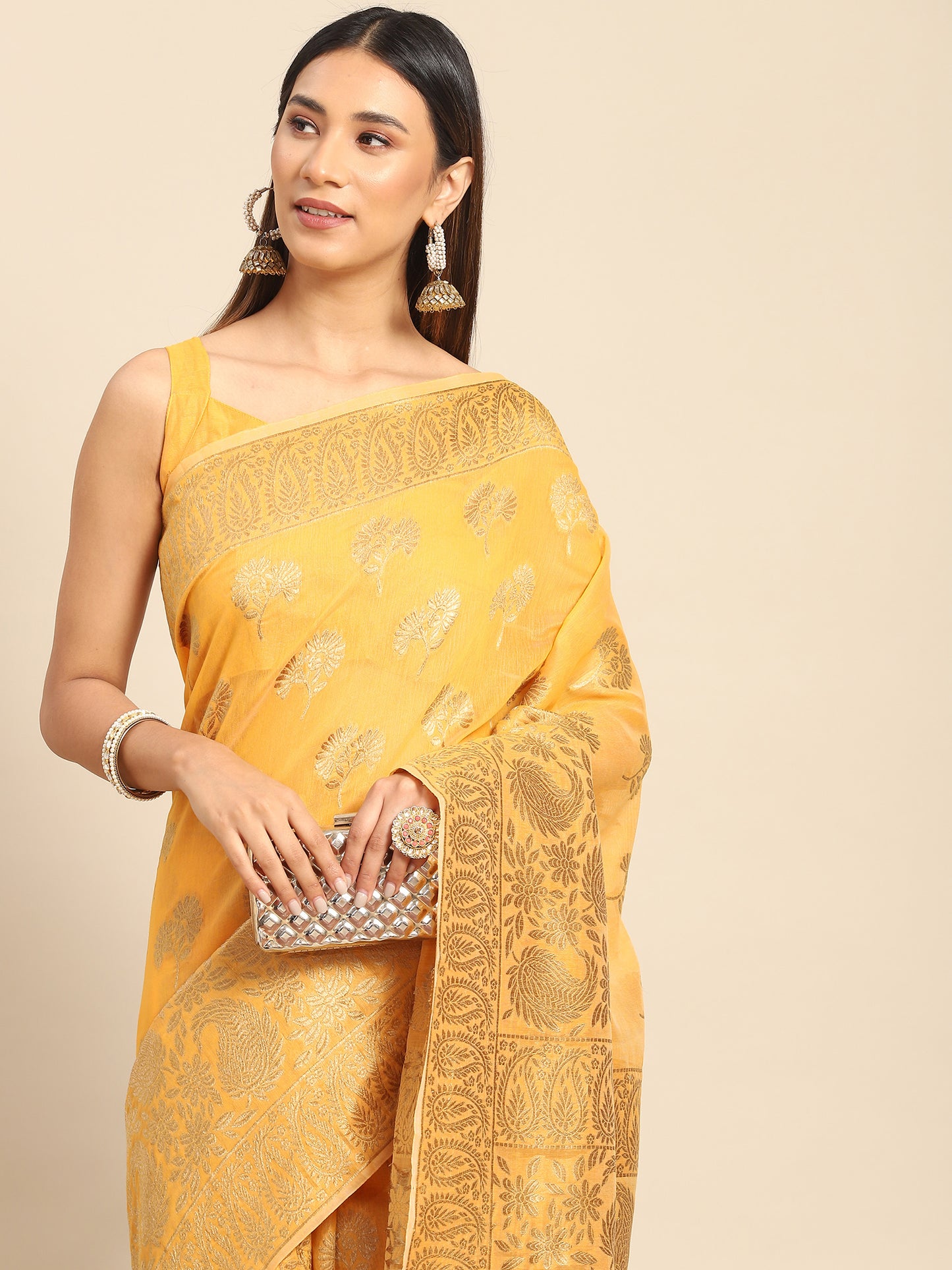 Women's Cotton Blend Yellow Woven Design Celebrity Saree With Blouse Piece