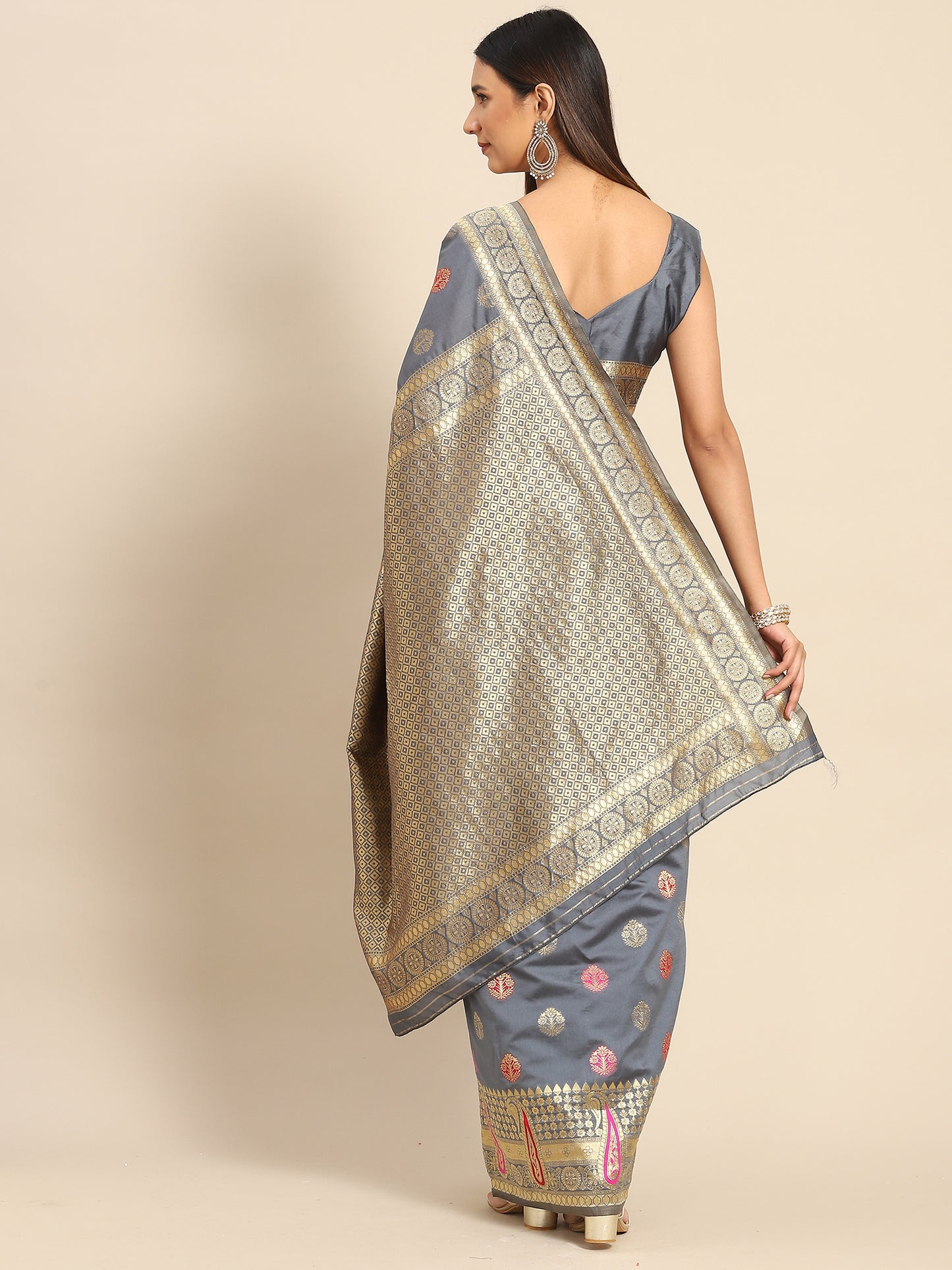 Women's Silk Blend Grey Woven Design Celebrity Saree With Blouse Piece