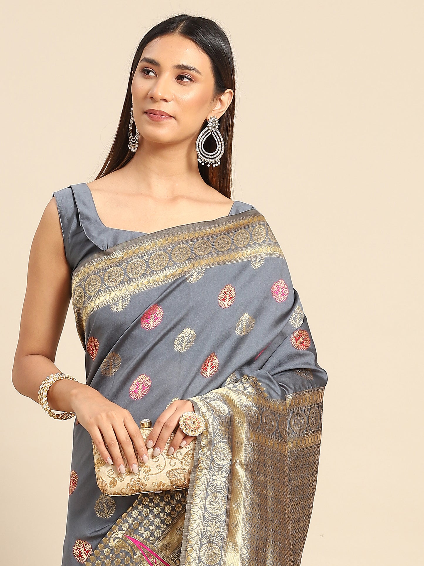 Women's Silk Blend Grey Woven Design Celebrity Saree With Blouse Piece