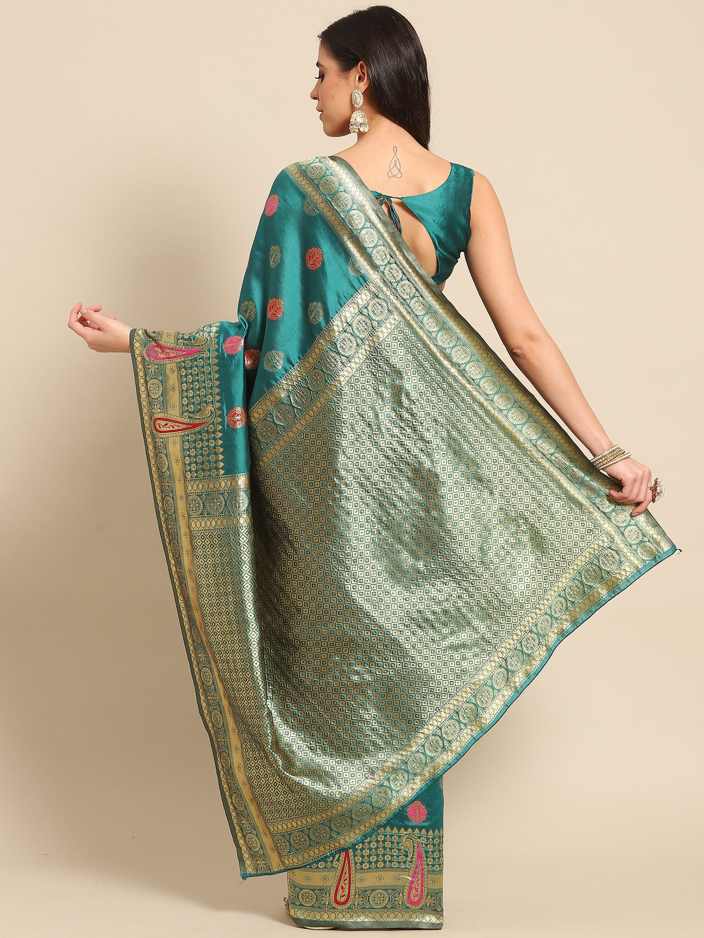 Women's Silk Blend Teal blue Woven Design Celebrity Saree With Blouse Piece