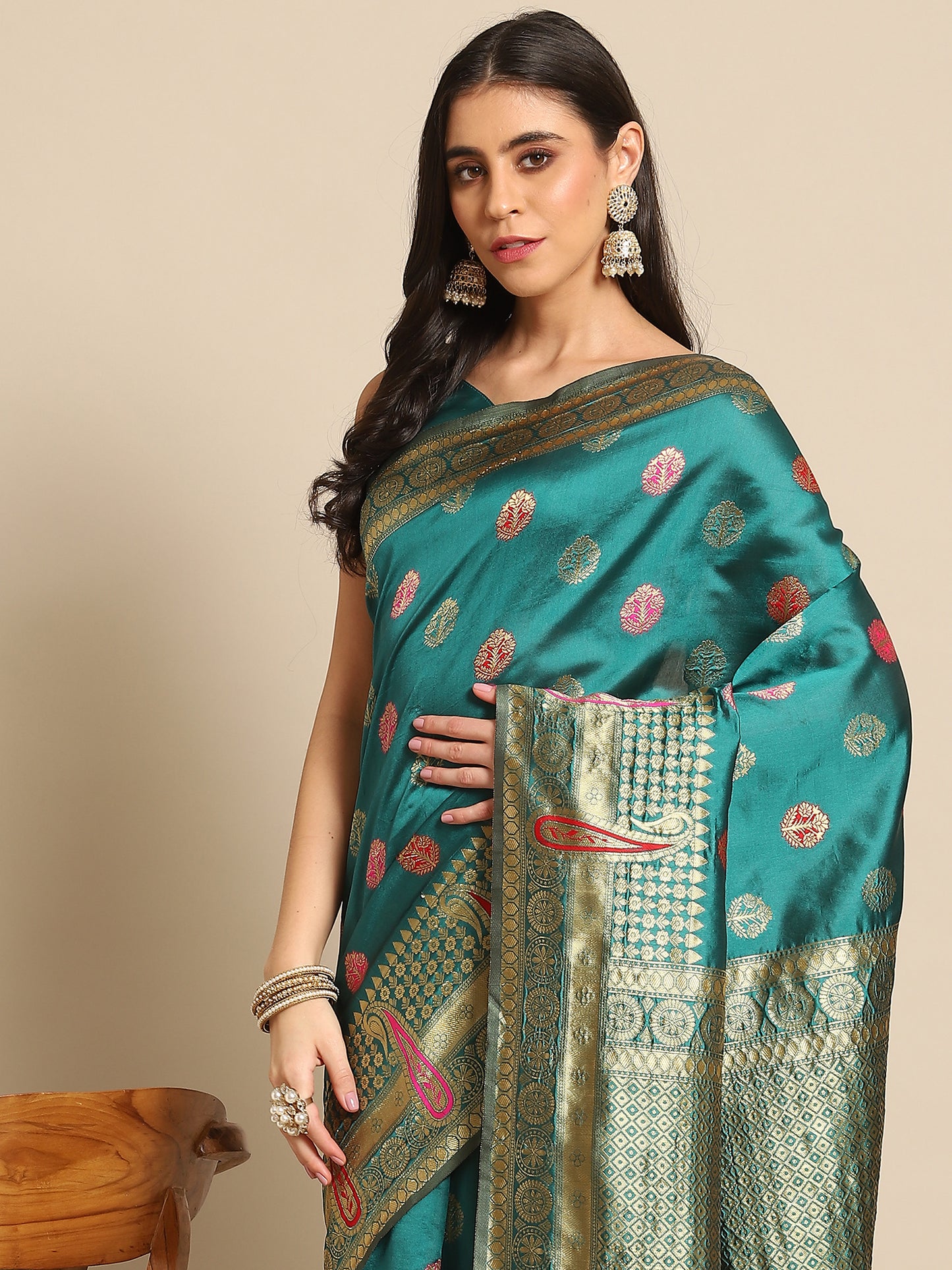 Women's Silk Blend Teal blue Woven Design Celebrity Saree With Blouse Piece