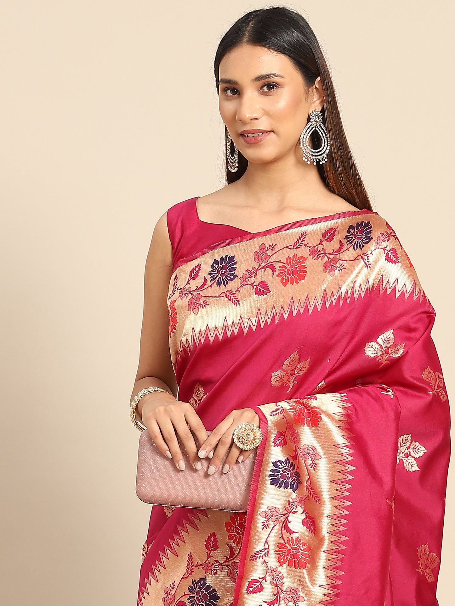 Women's Silk Blend Magenta Woven Design Celebrity Saree With Blouse Piece