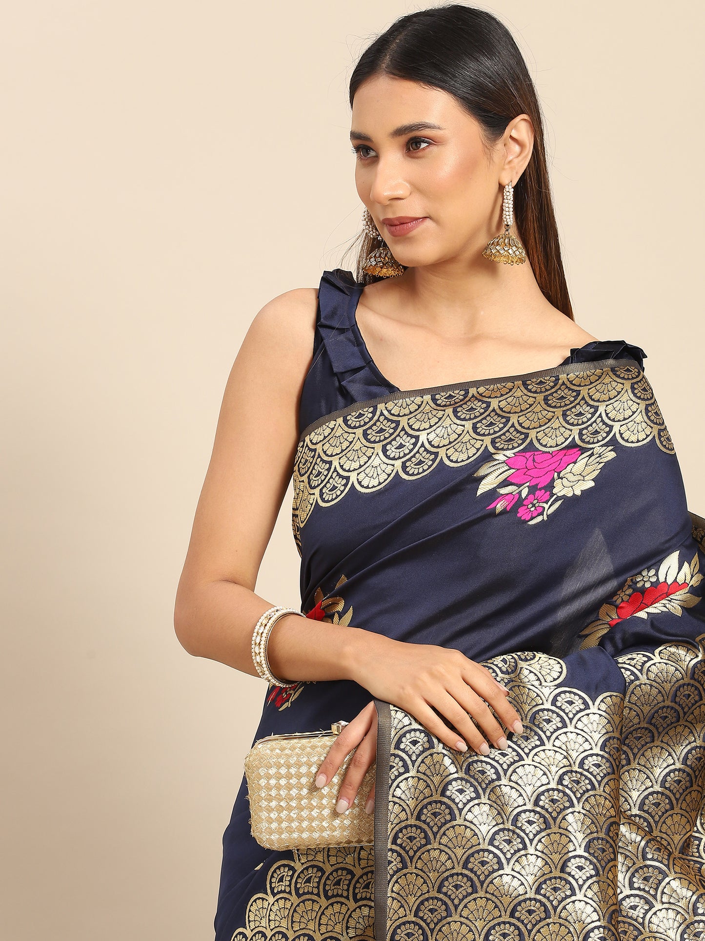 Women's Silk Blend Navy Blue Woven Design Celebrity Saree With Blouse Piece