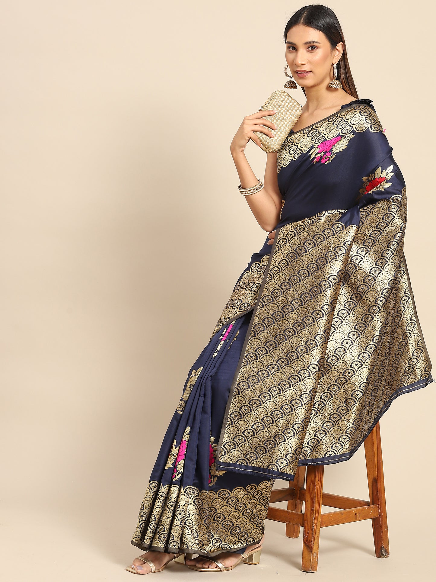 Women's Silk Blend Navy Blue Woven Design Celebrity Saree With Blouse Piece