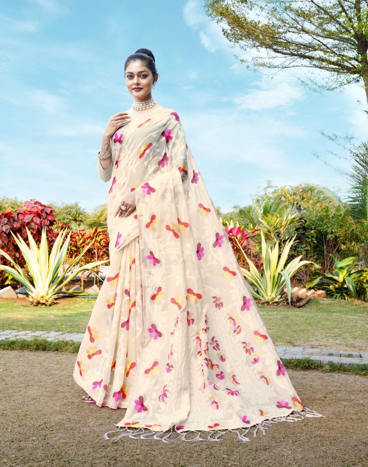 Dhiyona GR Women's Aalekha Bone White Soft Cotton Jamdani Saree