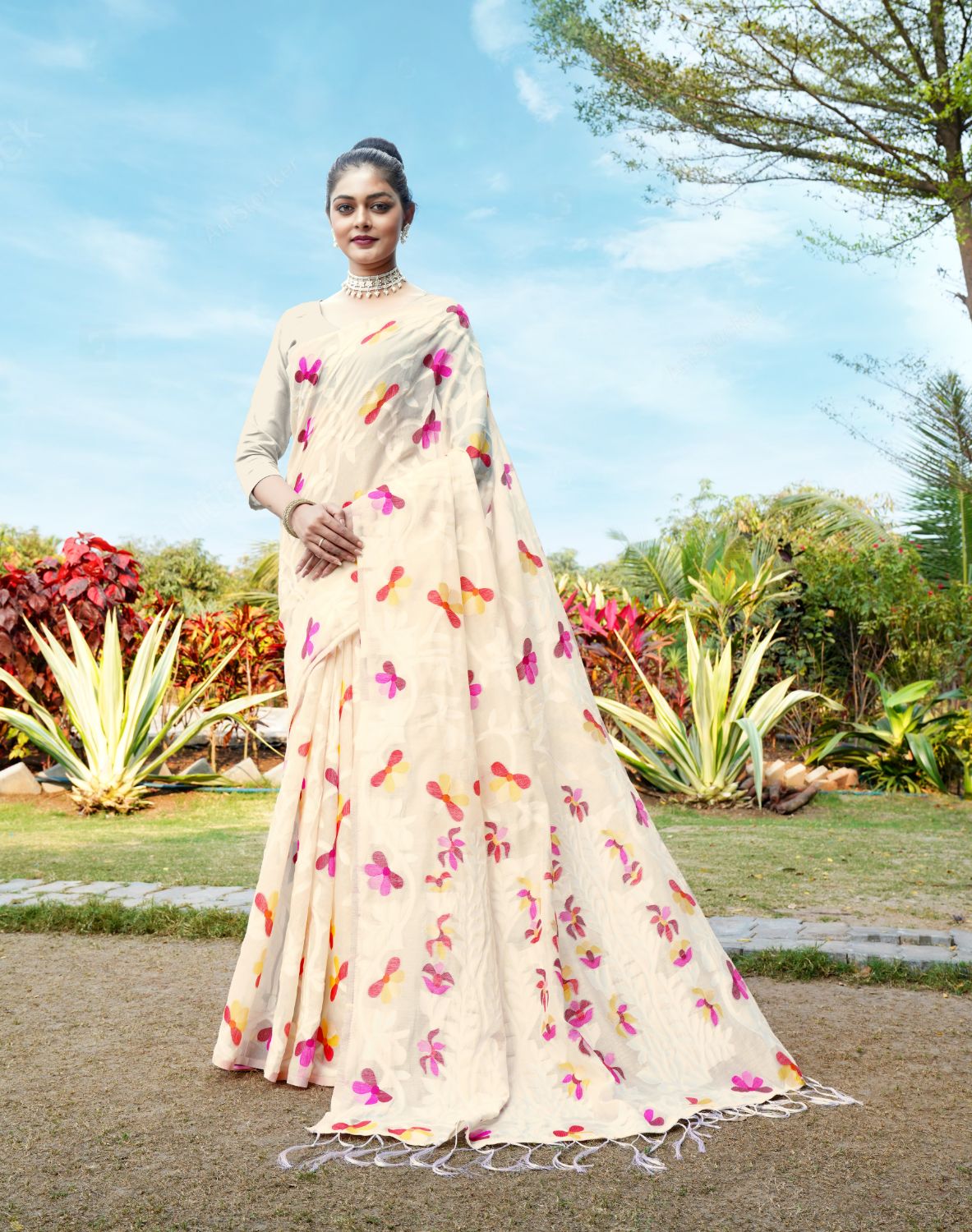 Dhiyona GR Women's Aalekha Bone White Soft Cotton Jamdani Saree