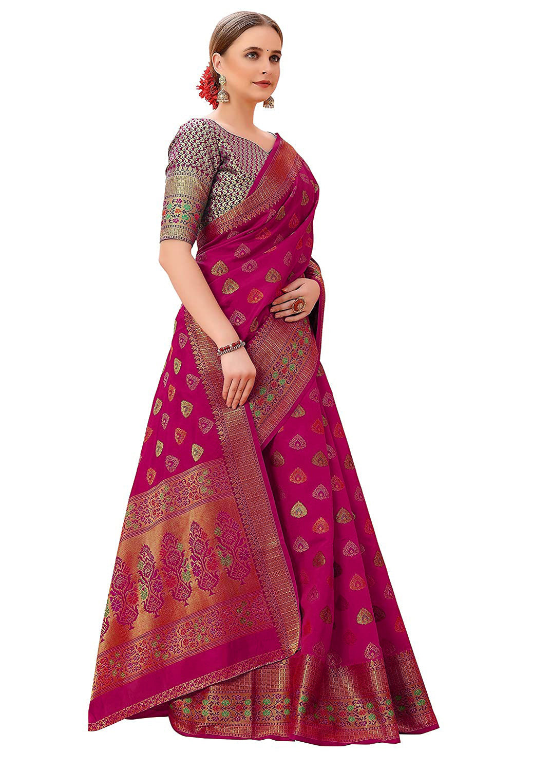 Dhiyona GR Women's Aarvi Wine Zari Woven Design Banarasi Organza Saree
