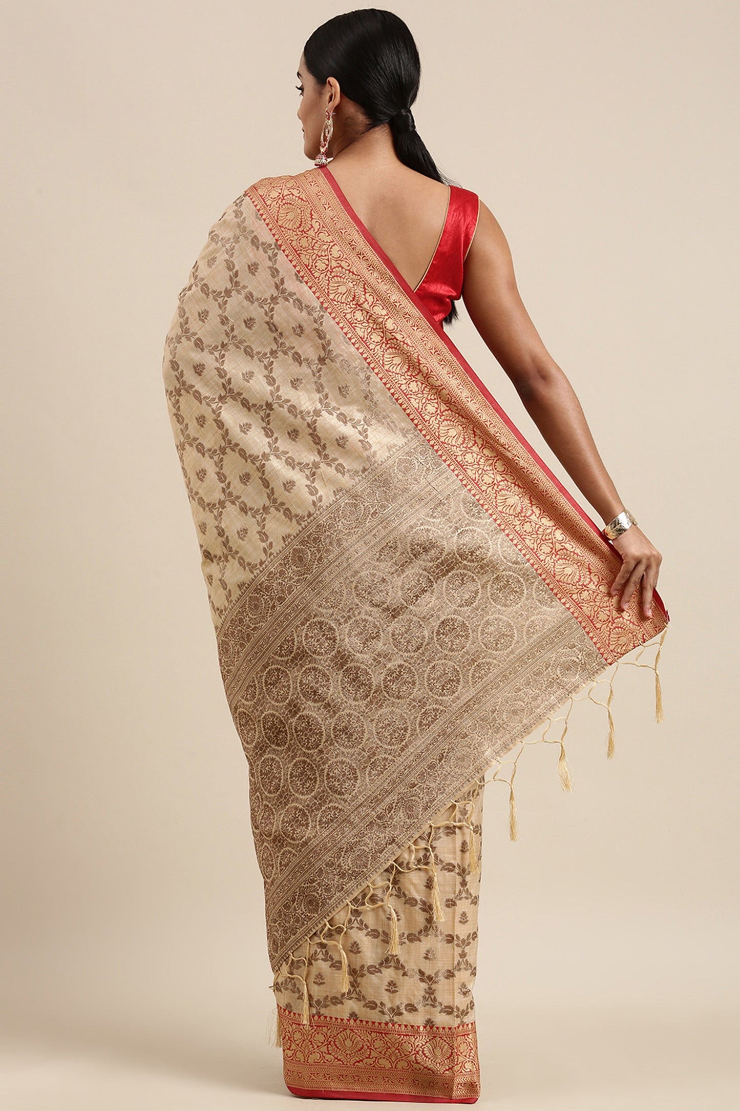 Dhiyona GR Women's Aarya Latte Beige Zari Woven Design Banarasi Pure Cotton Saree