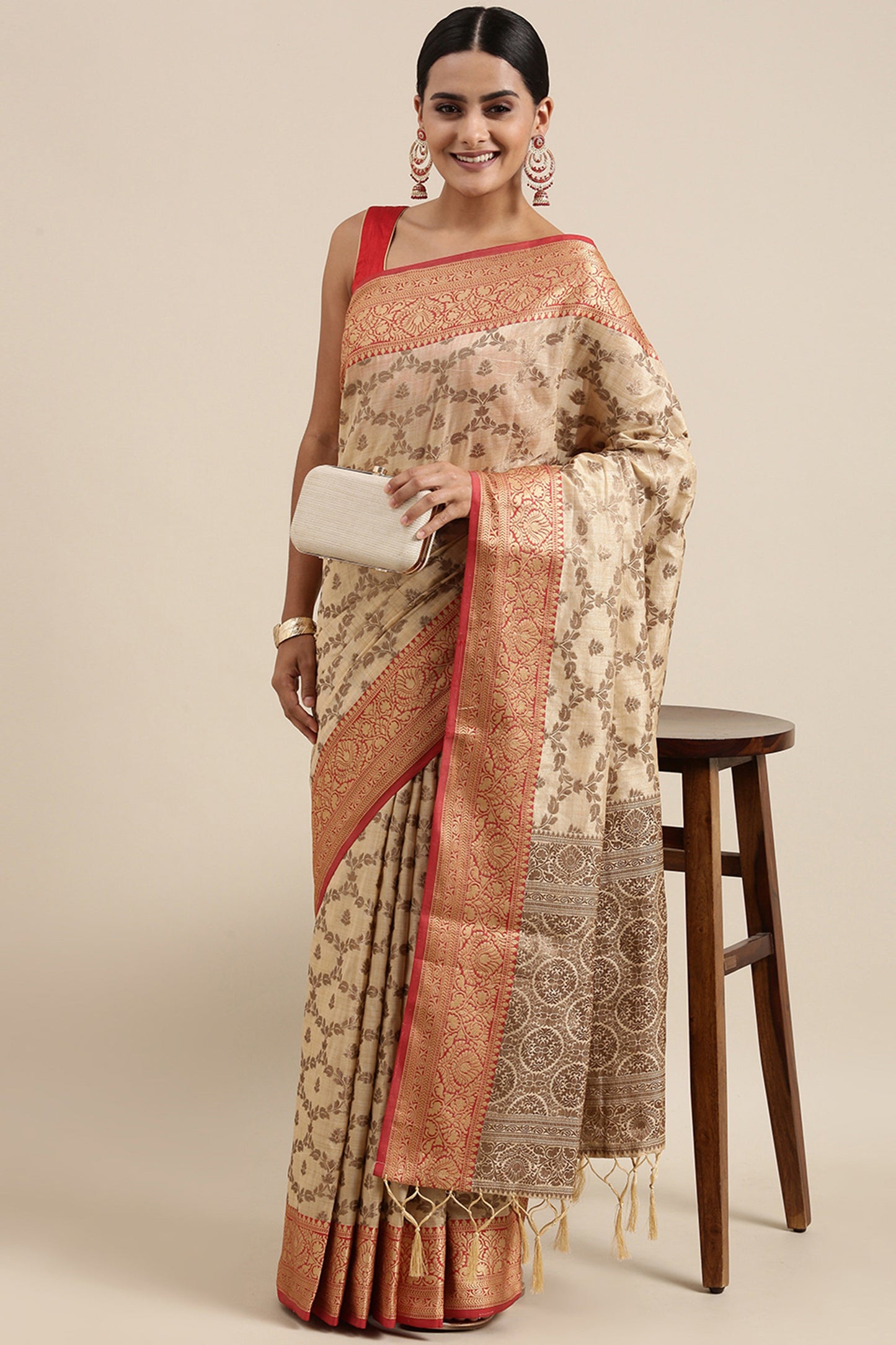 Dhiyona GR Women's Aarya Latte Beige Zari Woven Design Banarasi Pure Cotton Saree