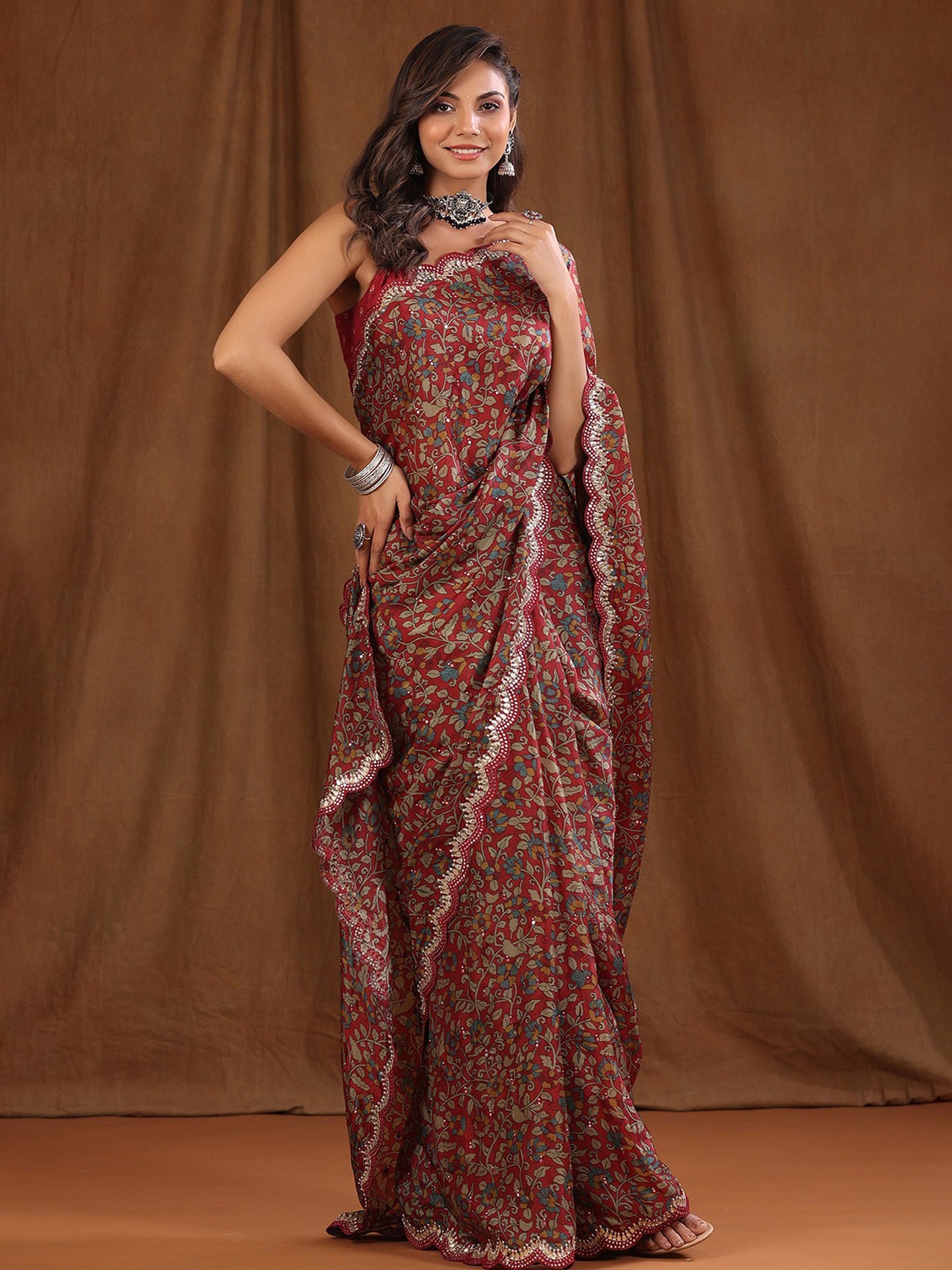 Women's Vichitra Silk Maroon Embellished Celebrity Saree With Blouse Piece