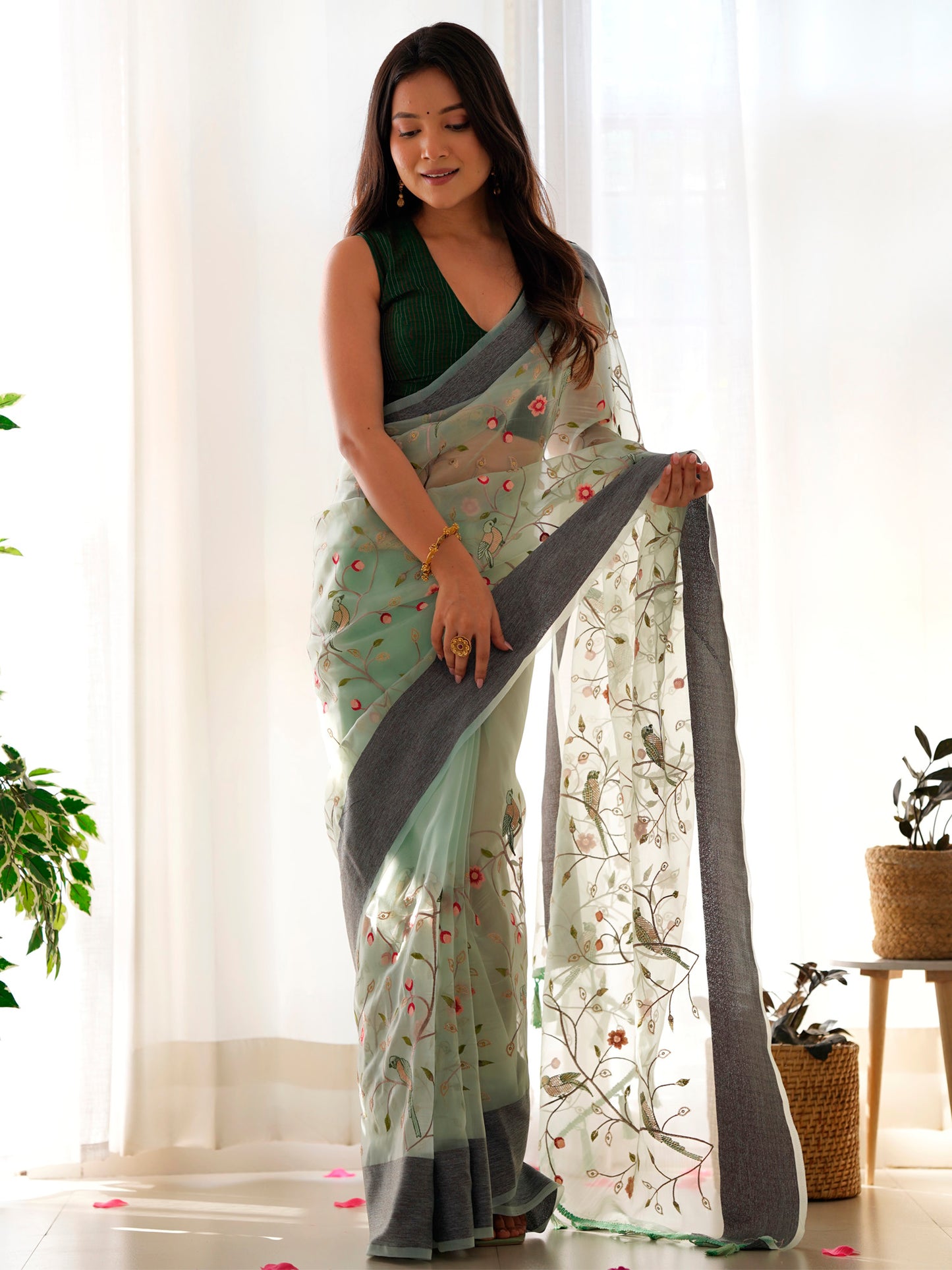 Women's Organza Light Blue Embroidered Designer Saree With Blouse Piece