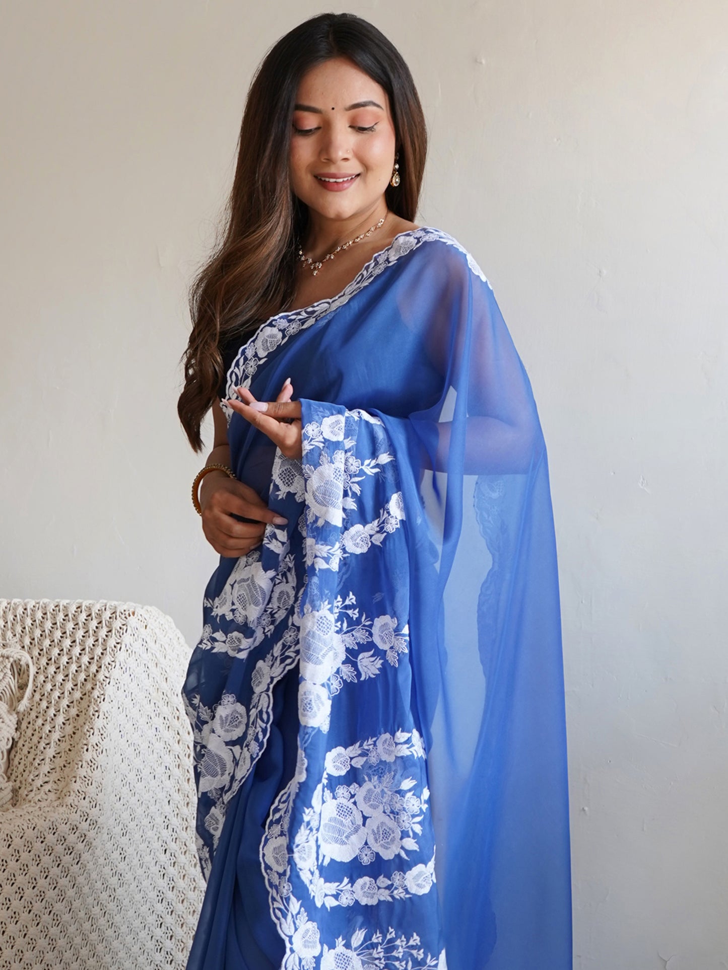 Women's Organza Blue Embroidered Designer Saree With Blouse Piece