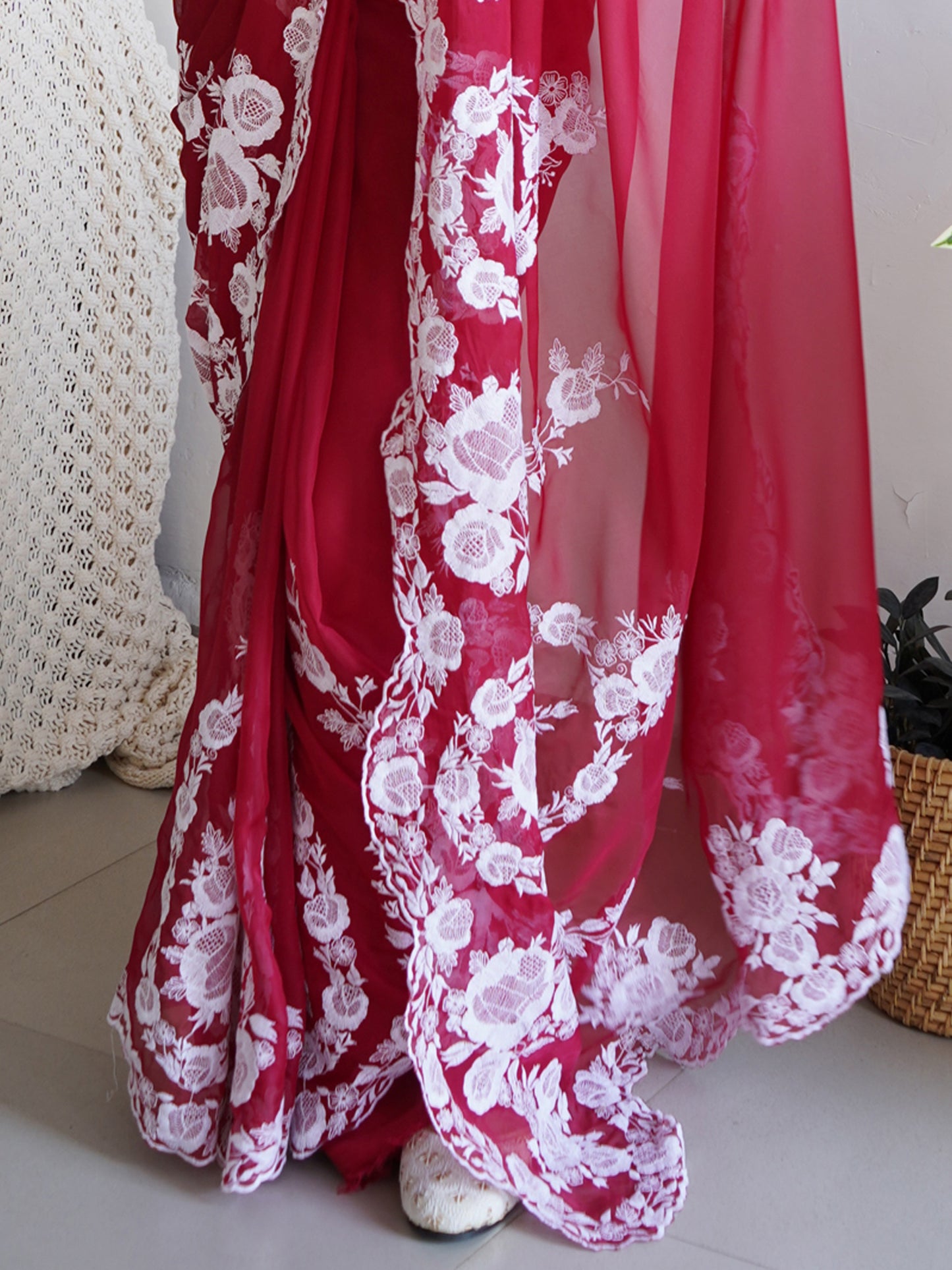 Women's Organza Maroon Embroidered Designer Saree With Blouse Piece