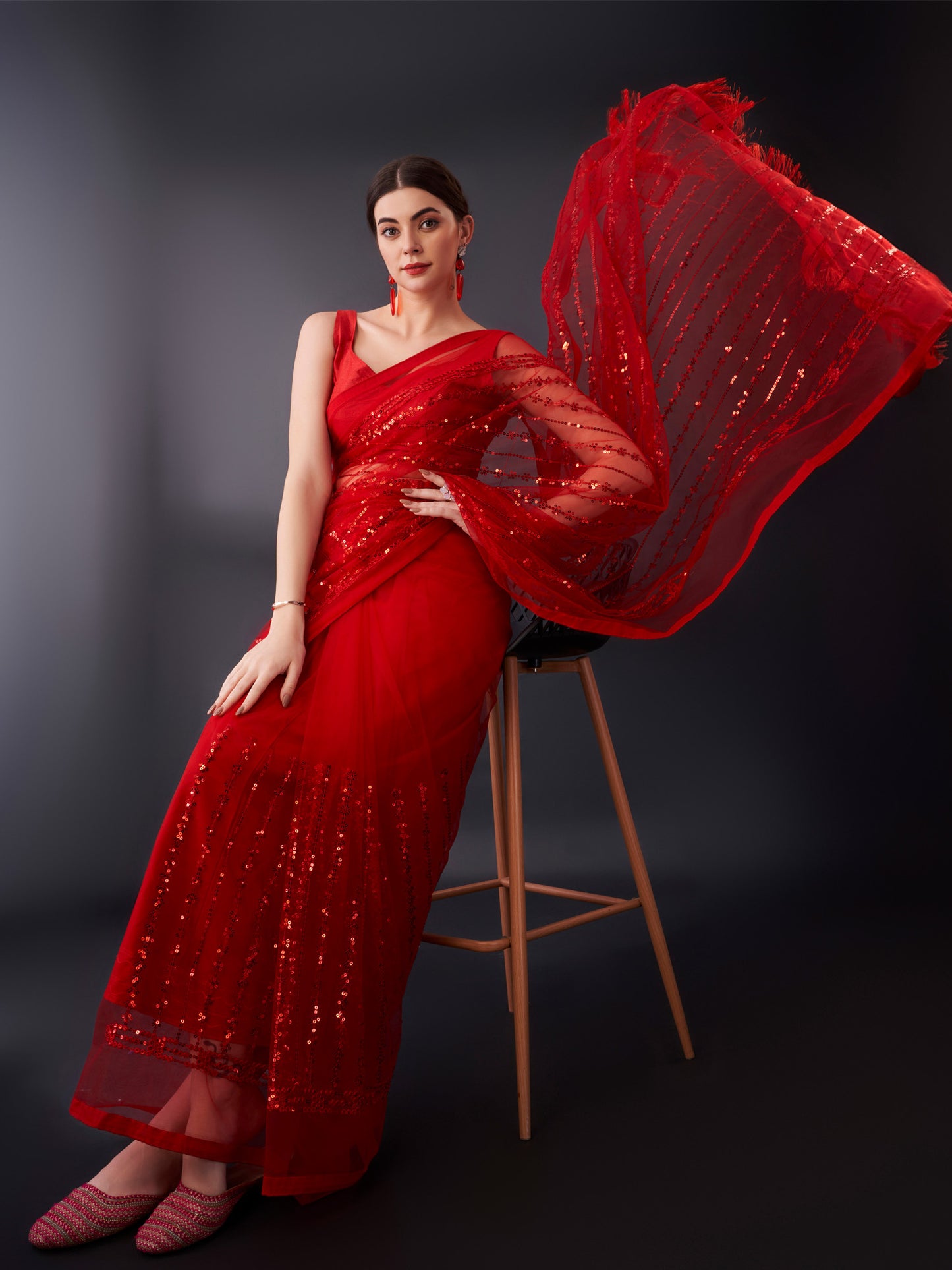 Women's Net Red Embellished Designer Saree With Blouse Piece