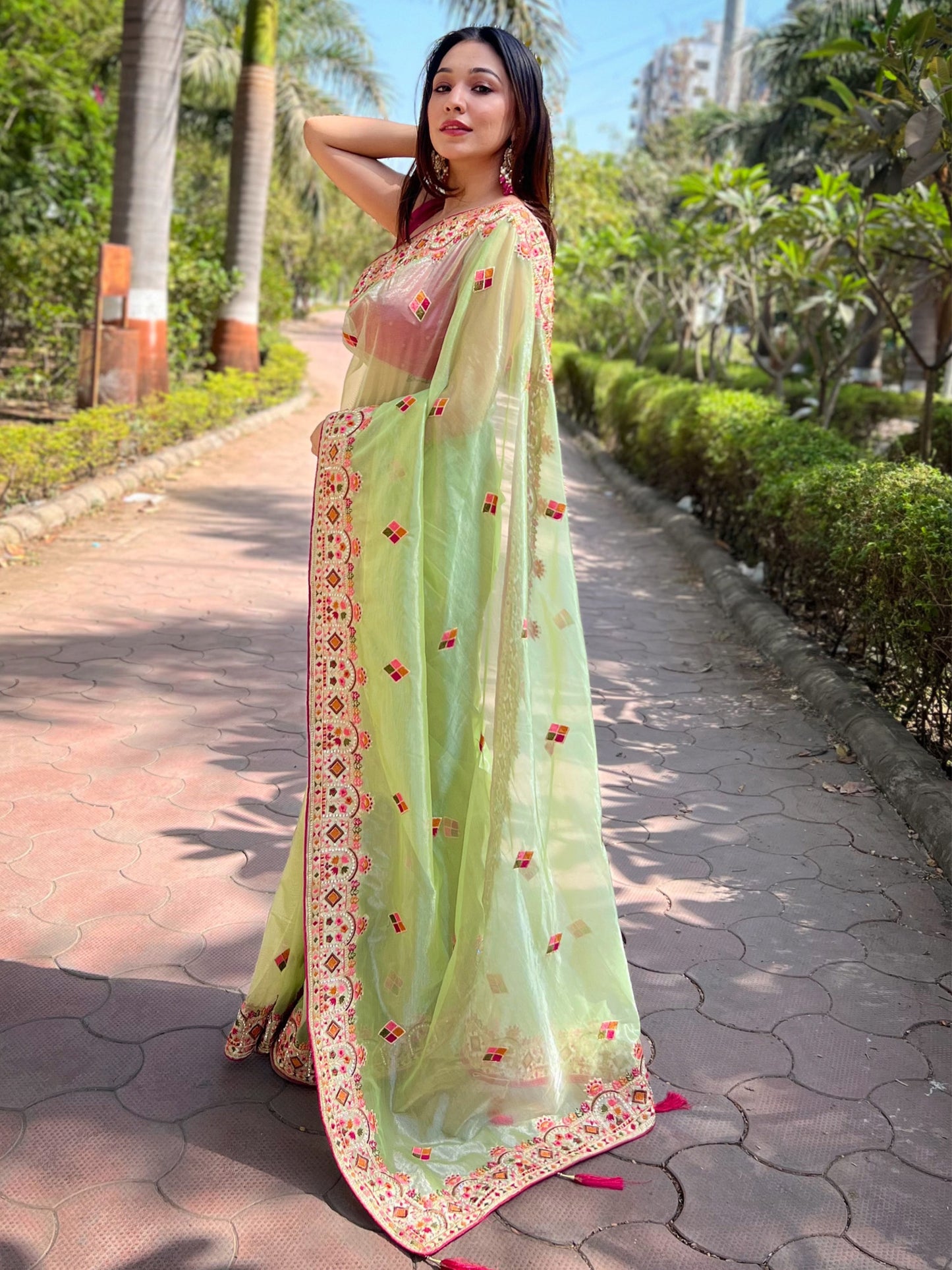 Women's Tissue Light Green Embellished Designer Saree With Blouse Piece