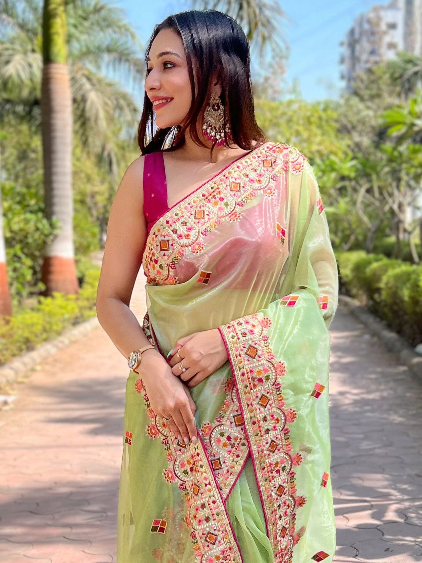 Women's Tissue Light Green Embellished Designer Saree With Blouse Piece
