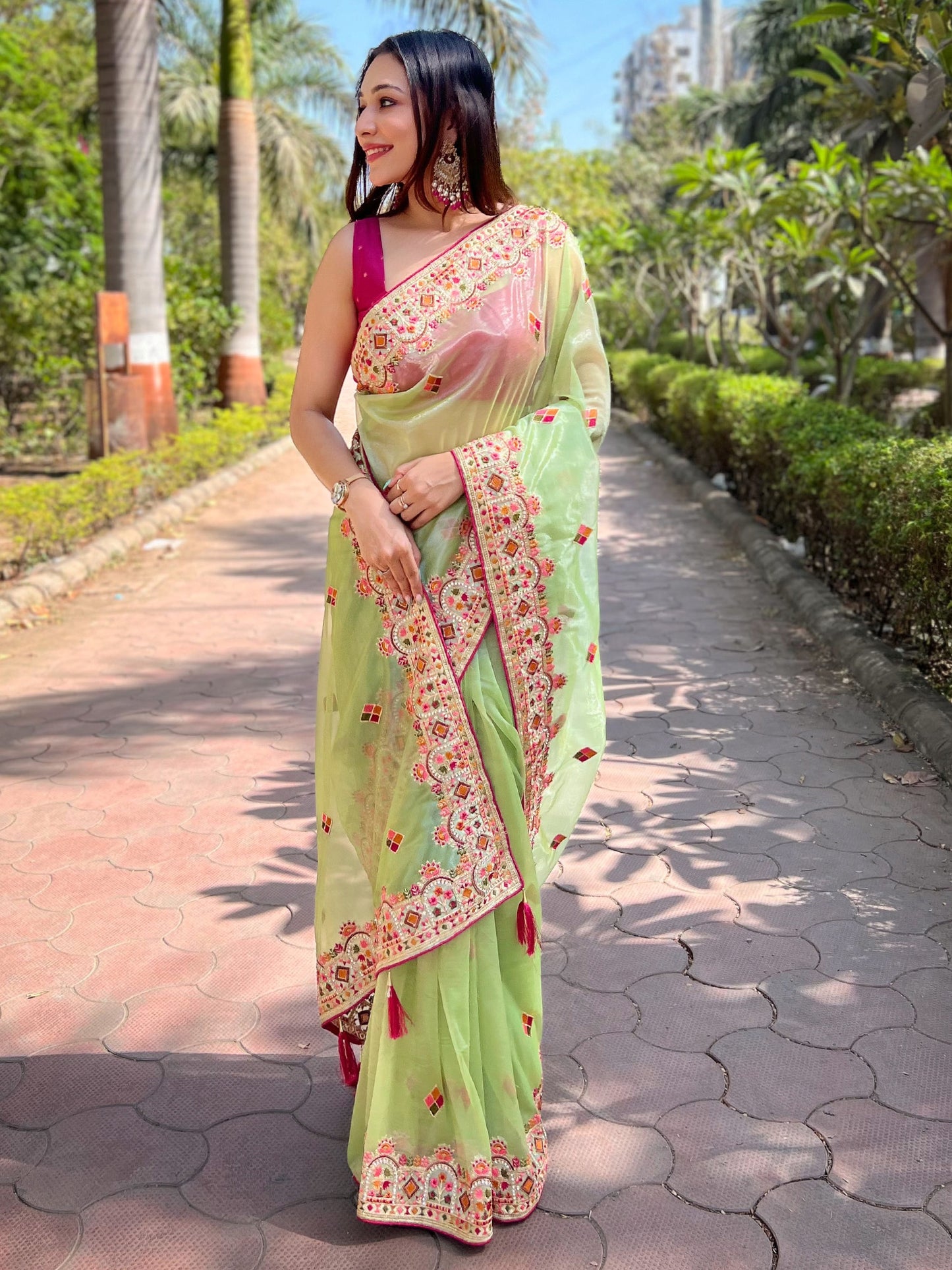 Women's Tissue Light Green Embellished Designer Saree With Blouse Piece