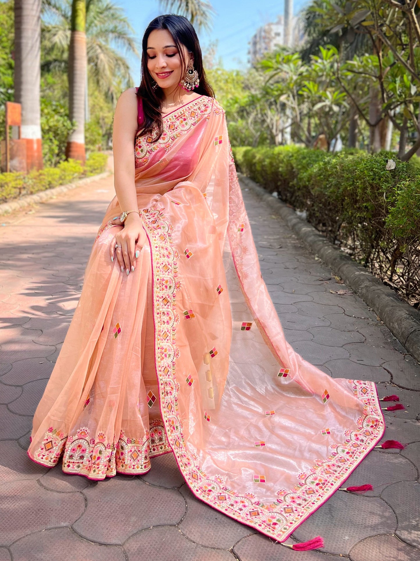 Women's Tissue Peach Embellished Designer Saree With Blouse Piece