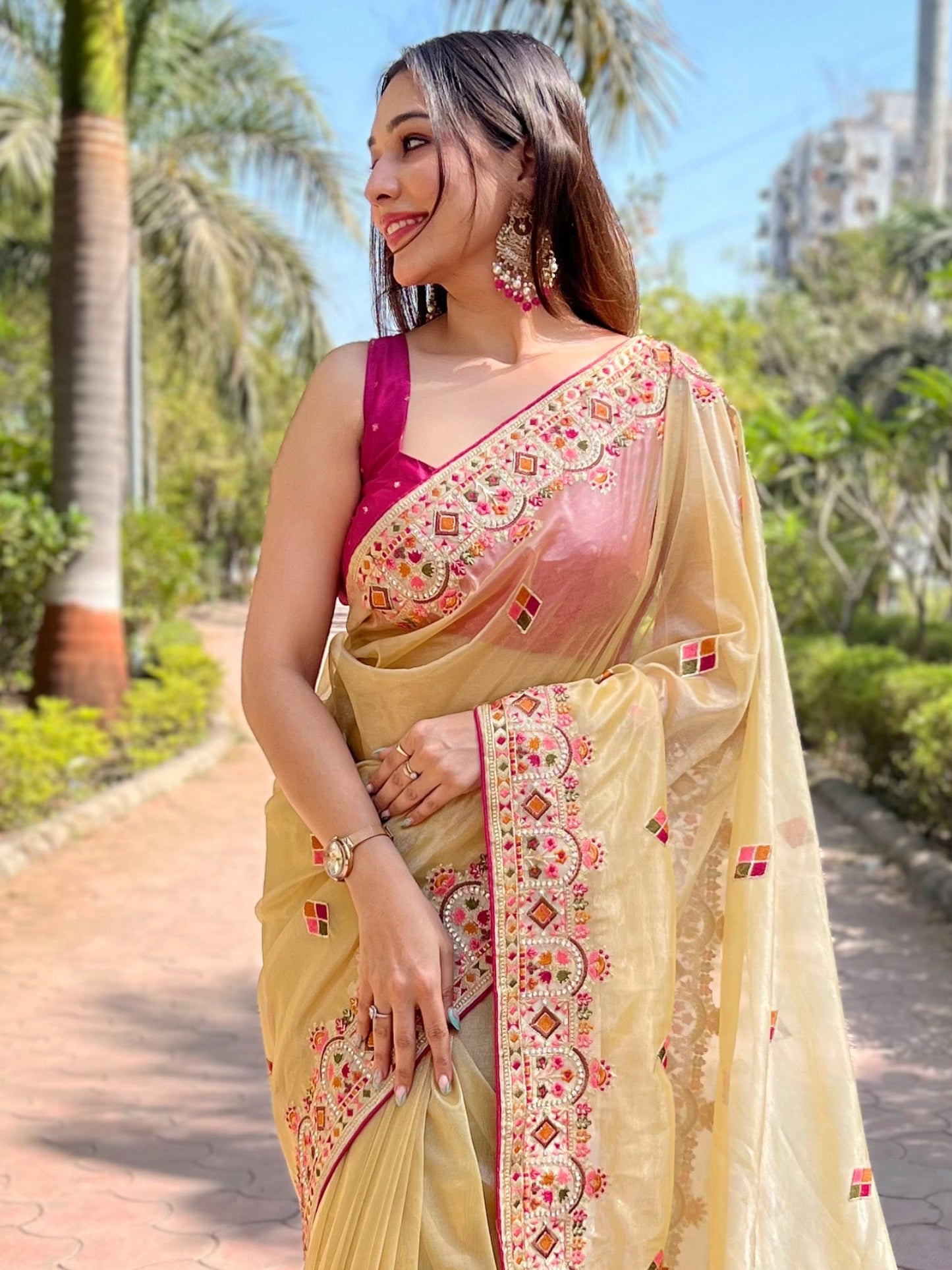 Women's Tissue Yellow Embellished Designer Saree With Blouse Piece
