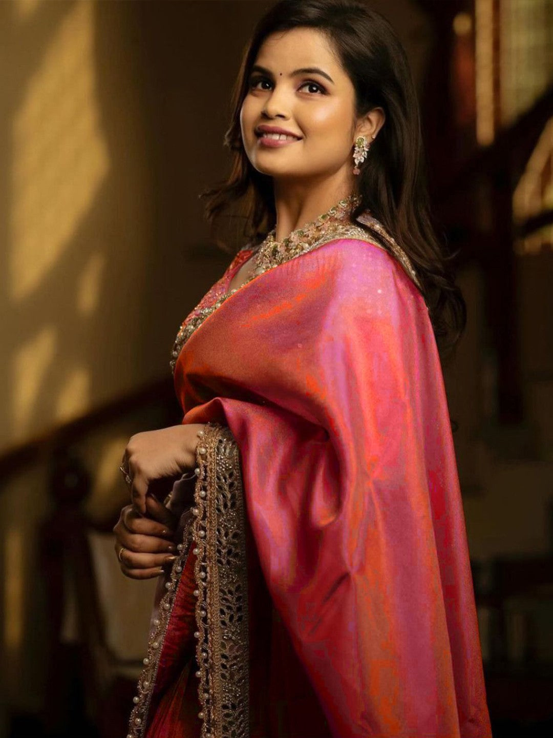 Women's Tissue Pink Embellished Designer Saree With Blouse Piece
