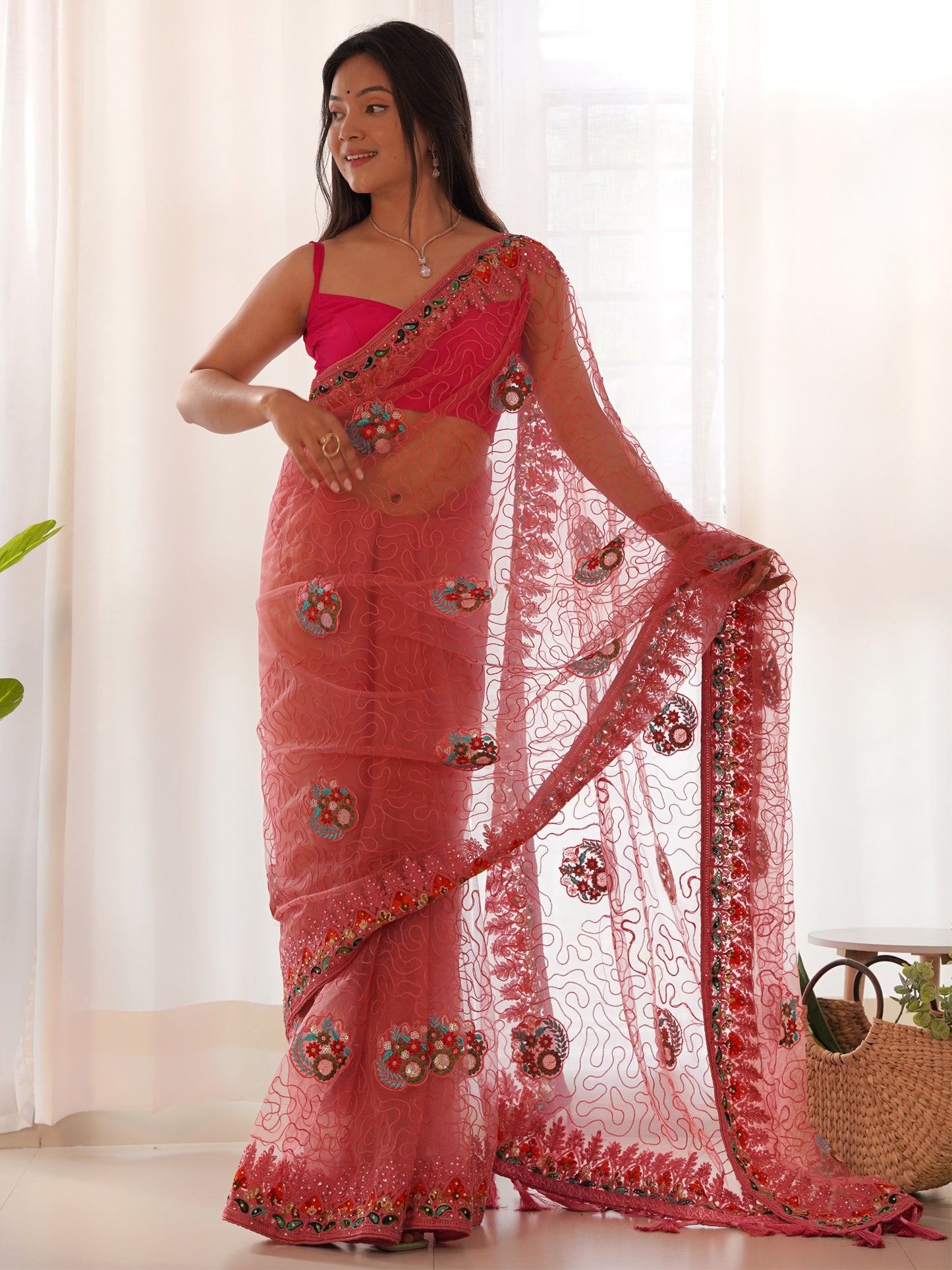 Women's Net Pink Embellished Designer Saree With Blouse Piece