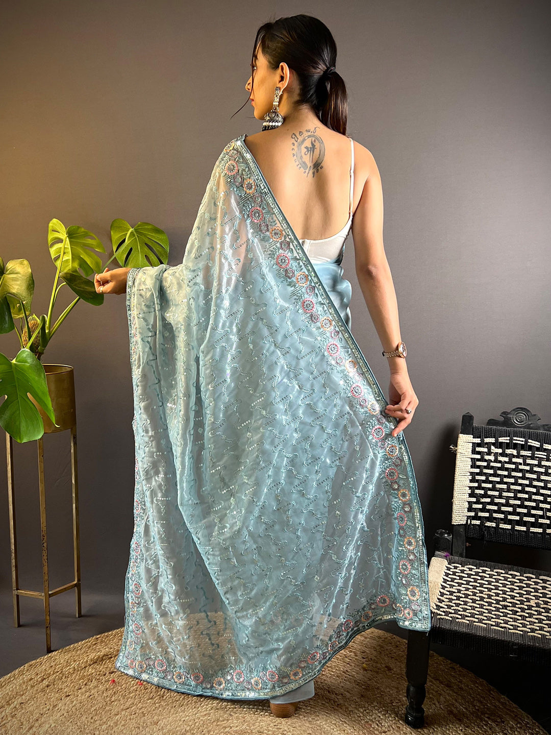 Women's Tissue Light Blue Embellished Designer Saree With Blouse Piece