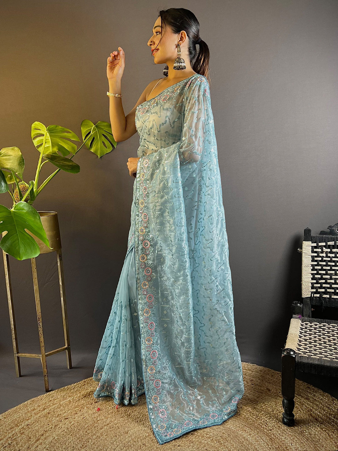 Women's Tissue Light Blue Embellished Designer Saree With Blouse Piece
