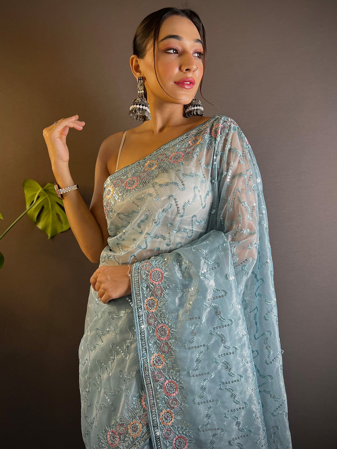 Women's Tissue Light Blue Embellished Designer Saree With Blouse Piece