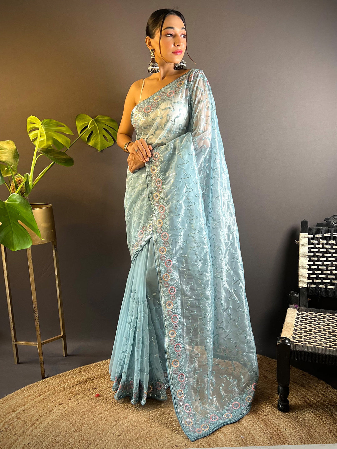 Women's Tissue Light Blue Embellished Designer Saree With Blouse Piece