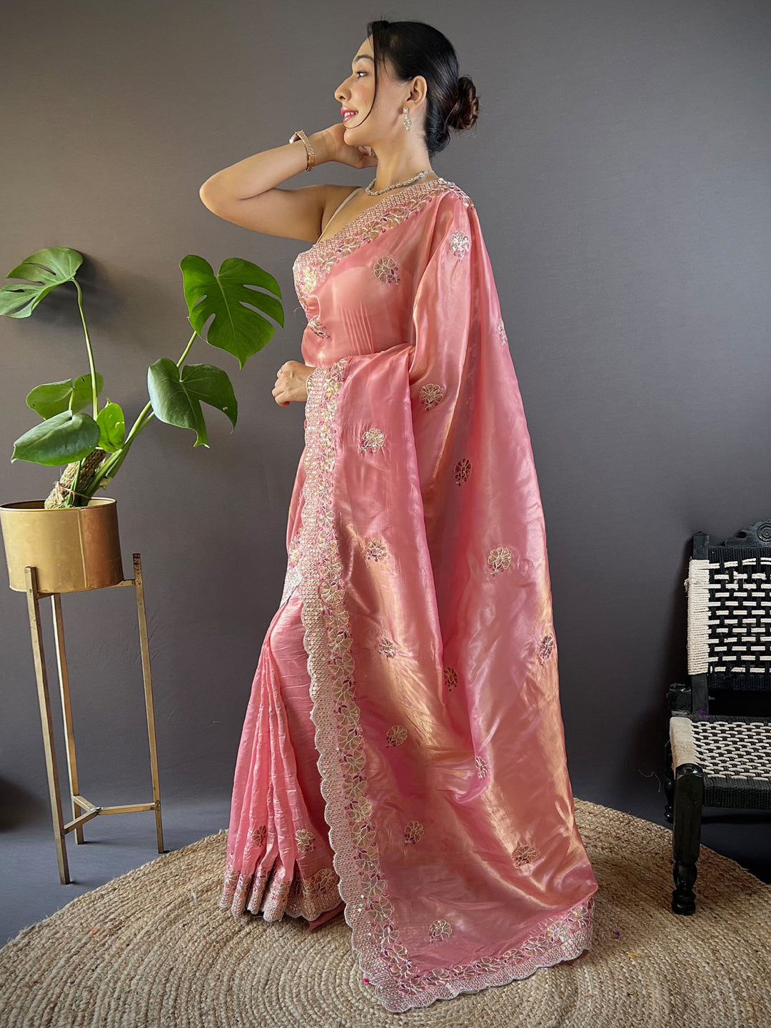 Women's Paper Silk Peach Embellished Designer Saree With Blouse Piece