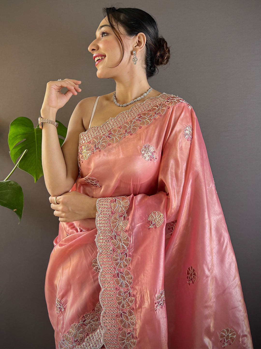 Women's Paper Silk Peach Embellished Designer Saree With Blouse Piece