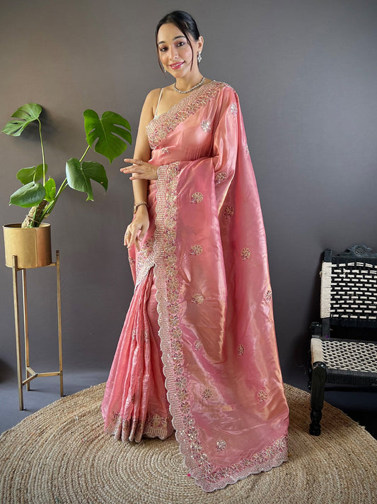 Women's Paper Silk Peach Embellished Designer Saree With Blouse Piece